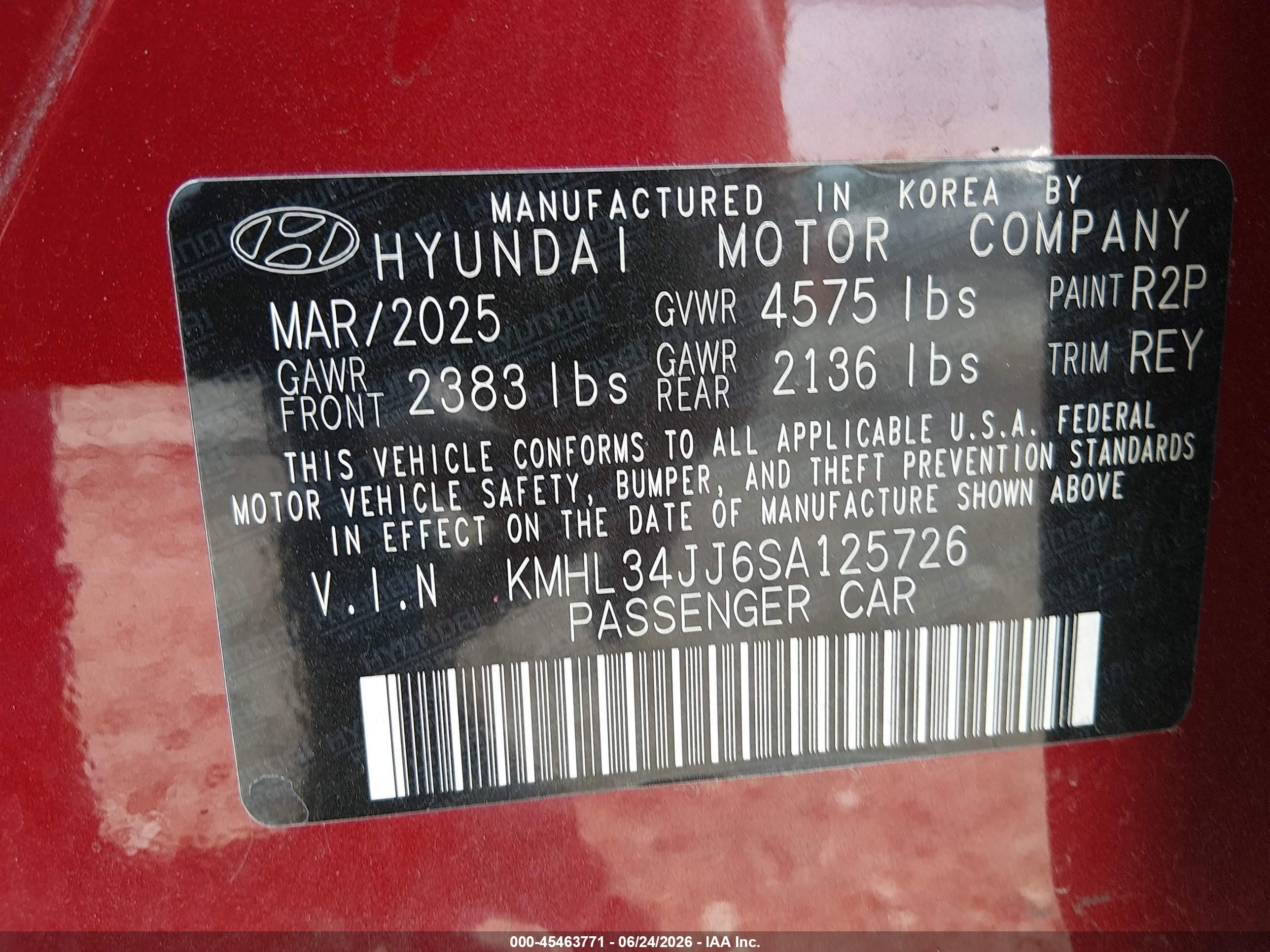 2025 Hyundai Sonata VIN KMHL34JJ6SA125726 IAAI salvage auction — Side, Salvage (Kentucky), sold $6,100 on 2026-09-11 (photo 9)