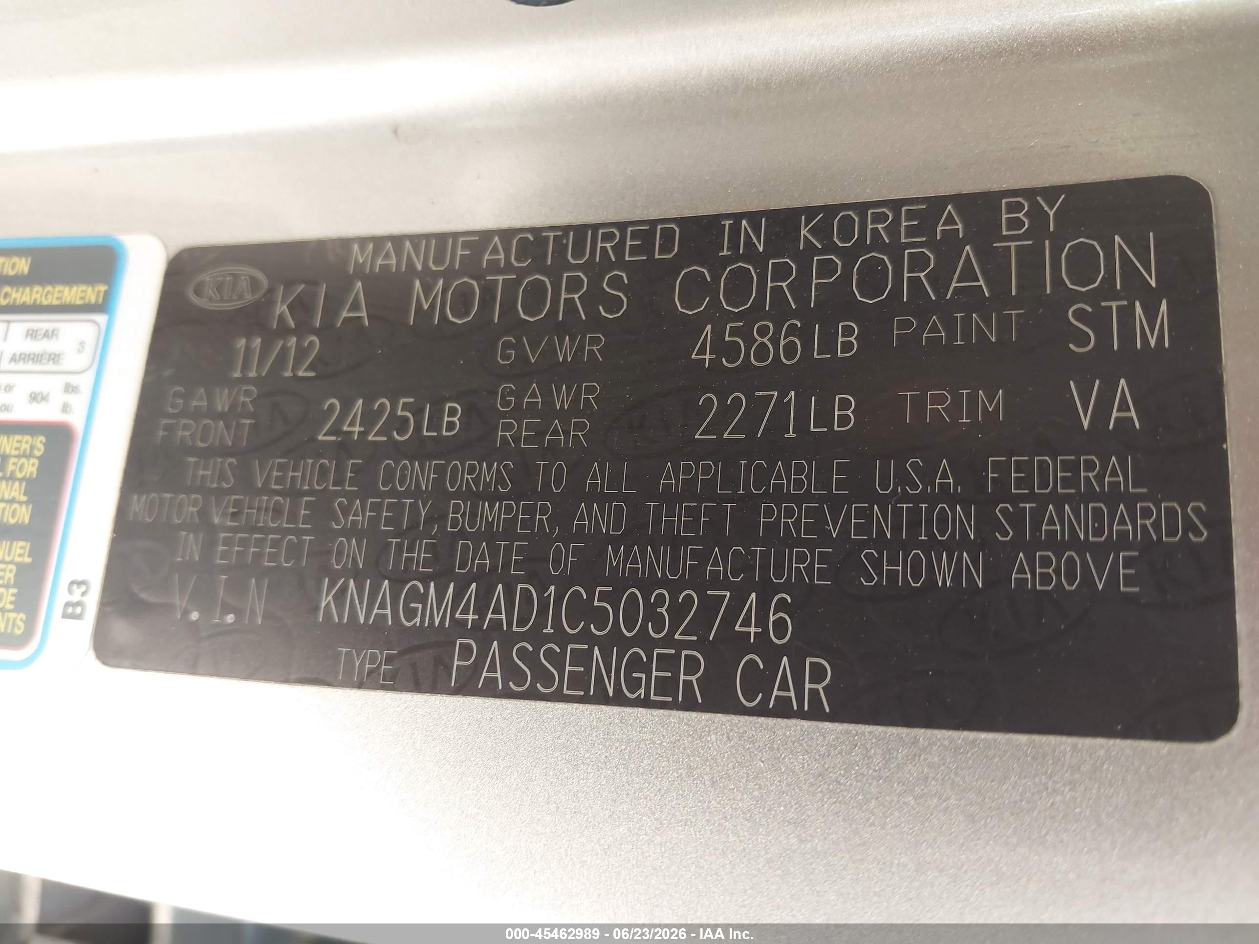 2012 Kia Optima Hybrid VIN KNAGM4AD1C5032746 IAAI salvage auction — Normal Wear, Clear-Dealer Only (Arizona), sold $750 on 2026-07-02 (photo 9)