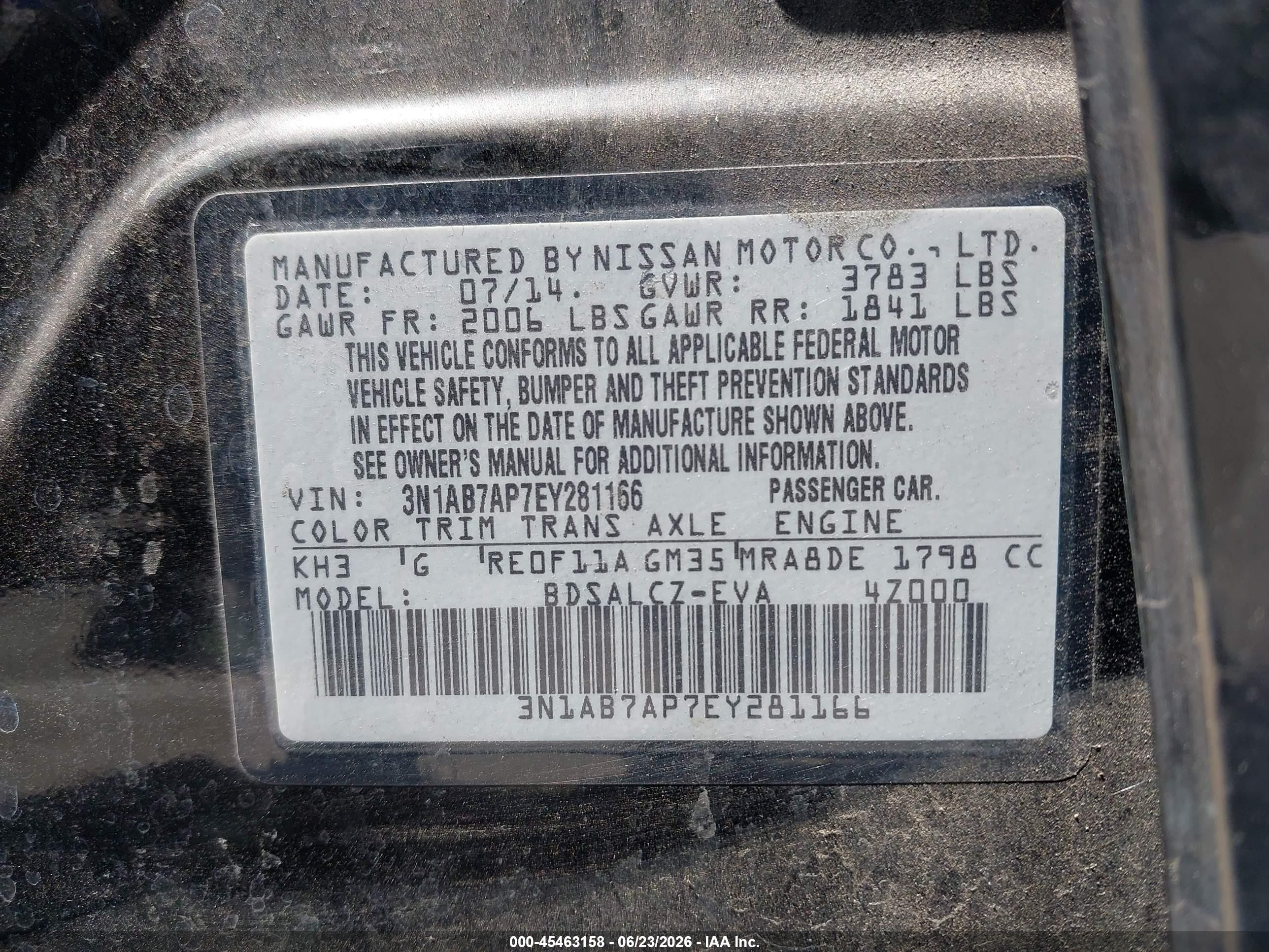 2014 Nissan Sentra VIN 3N1AB7AP7EY281166 IAAI salvage auction — Normal Wear, Clear - Dealer Only (California), sold $600 on 2026-07-09 (photo 9)