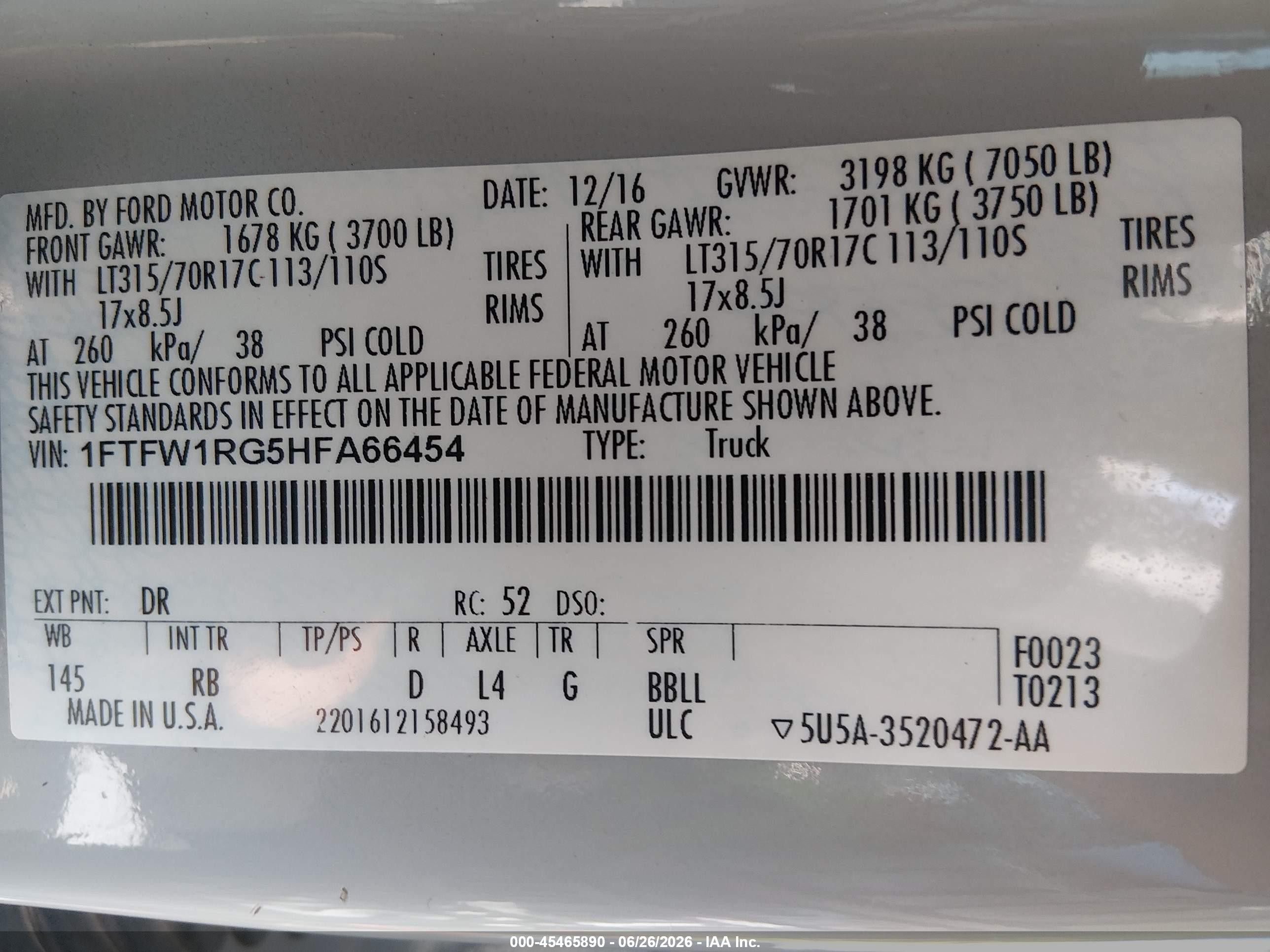 2017 Ford F-150 VIN 1FTFW1RG5HFA66454 IAAI salvage auction — Front End, Original (Texas), sold $14,150 on 2026-09-22 (photo 9)