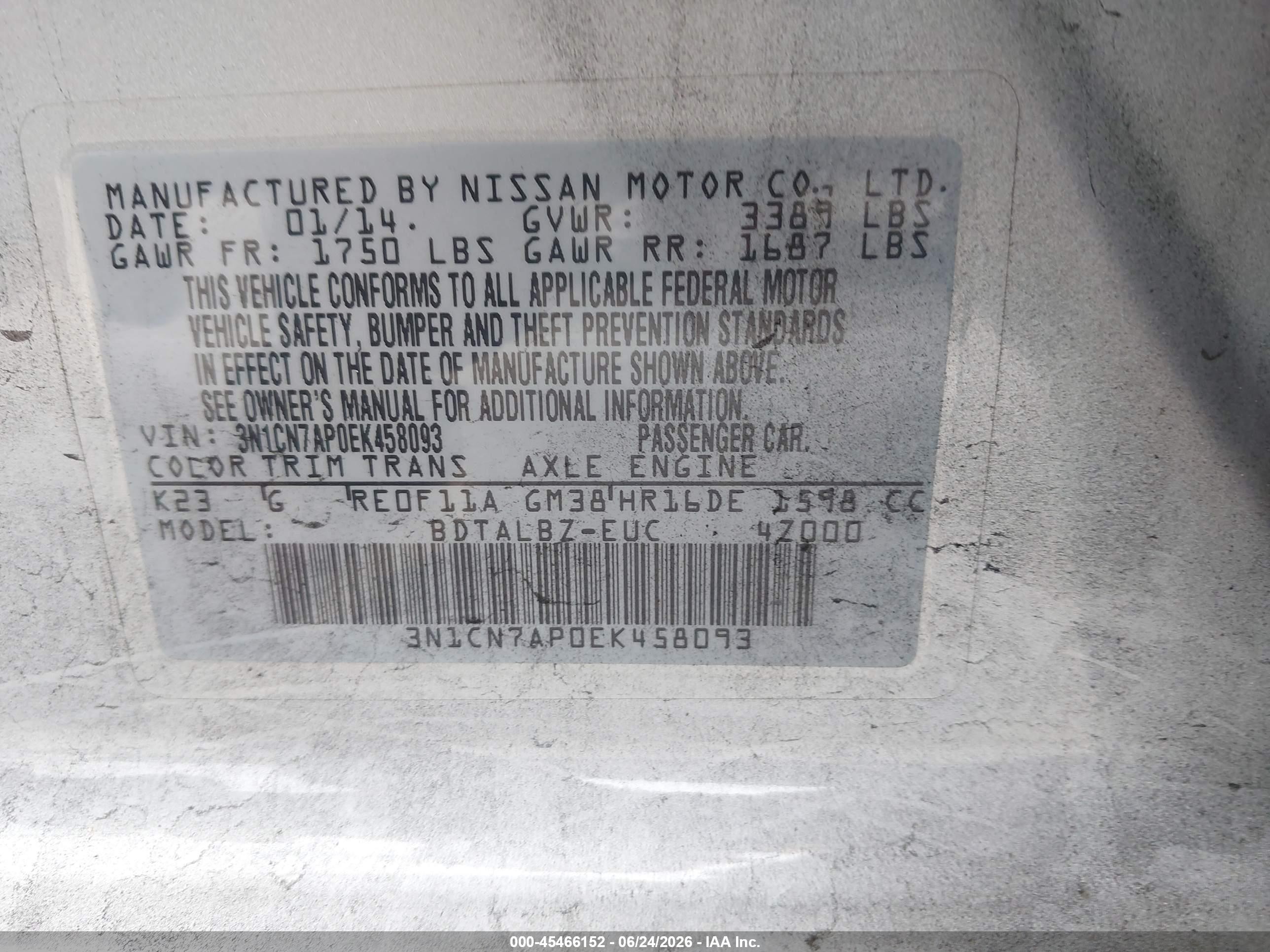 2014 Nissan Versa VIN 3N1CN7AP0EK458093 IAAI salvage auction — Normal Wear, Salvage (California), sold $475 on 2026-07-09 (photo 9)