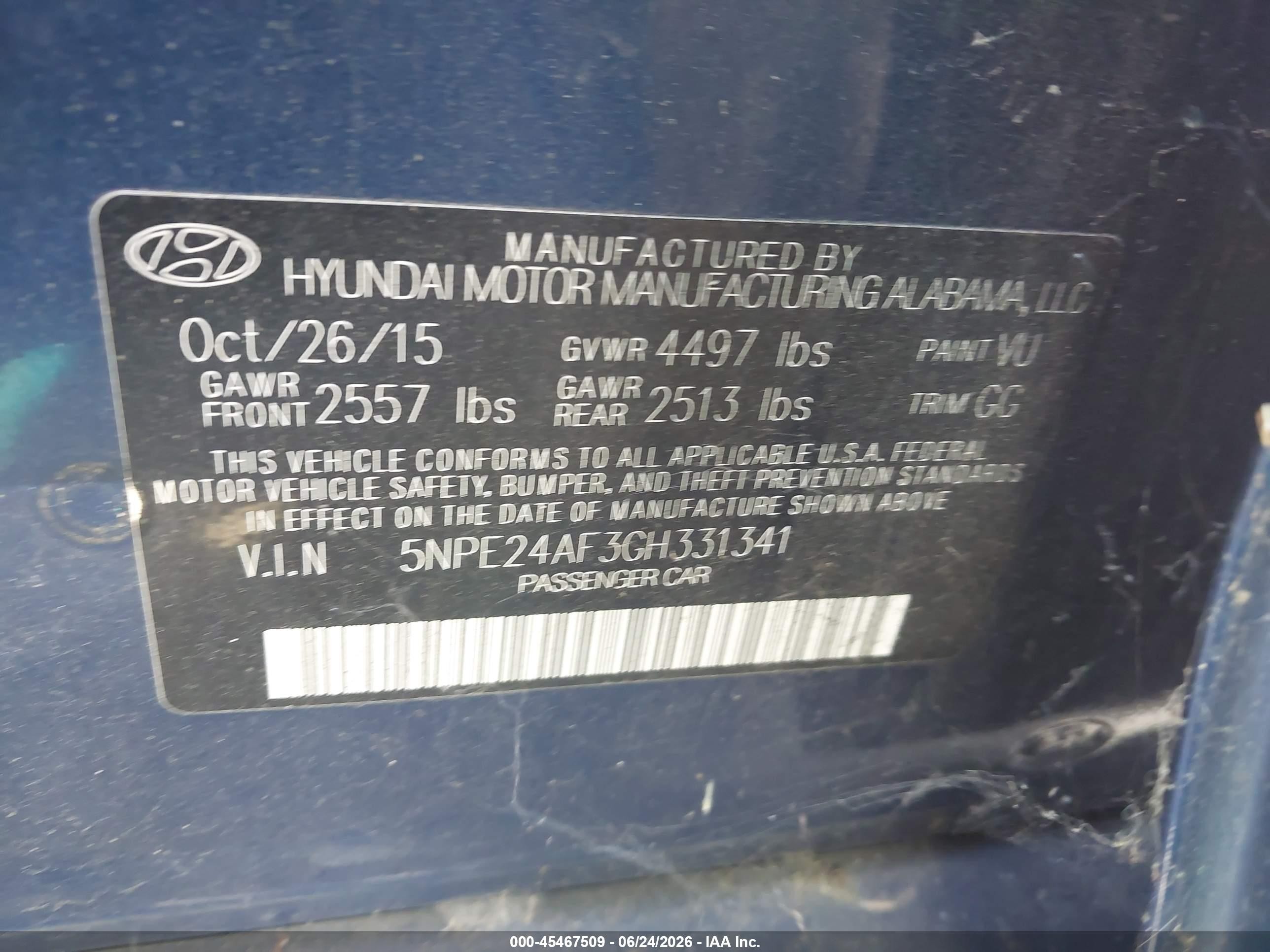 2016 Hyundai Sonata VIN 5NPE24AF3GH331341 IAAI salvage auction — Normal Wear, Clear - Dealer Only (California), sold $1,775 on 2026-07-06 (photo 9)