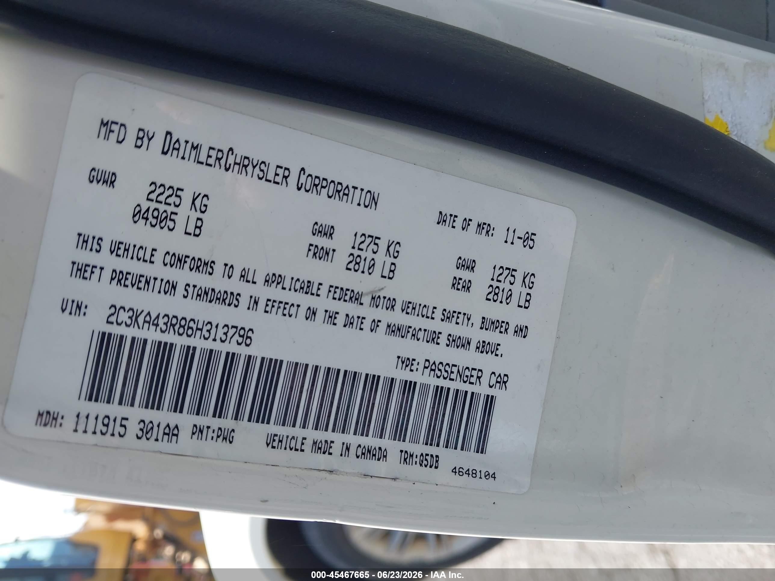 2006 Chrysler 300 VIN 2C3KA43R86H313796 IAAI salvage auction — Rear End, Clear - Dealer Only (California), sold $250 on 2026-07-09 (photo 9)
