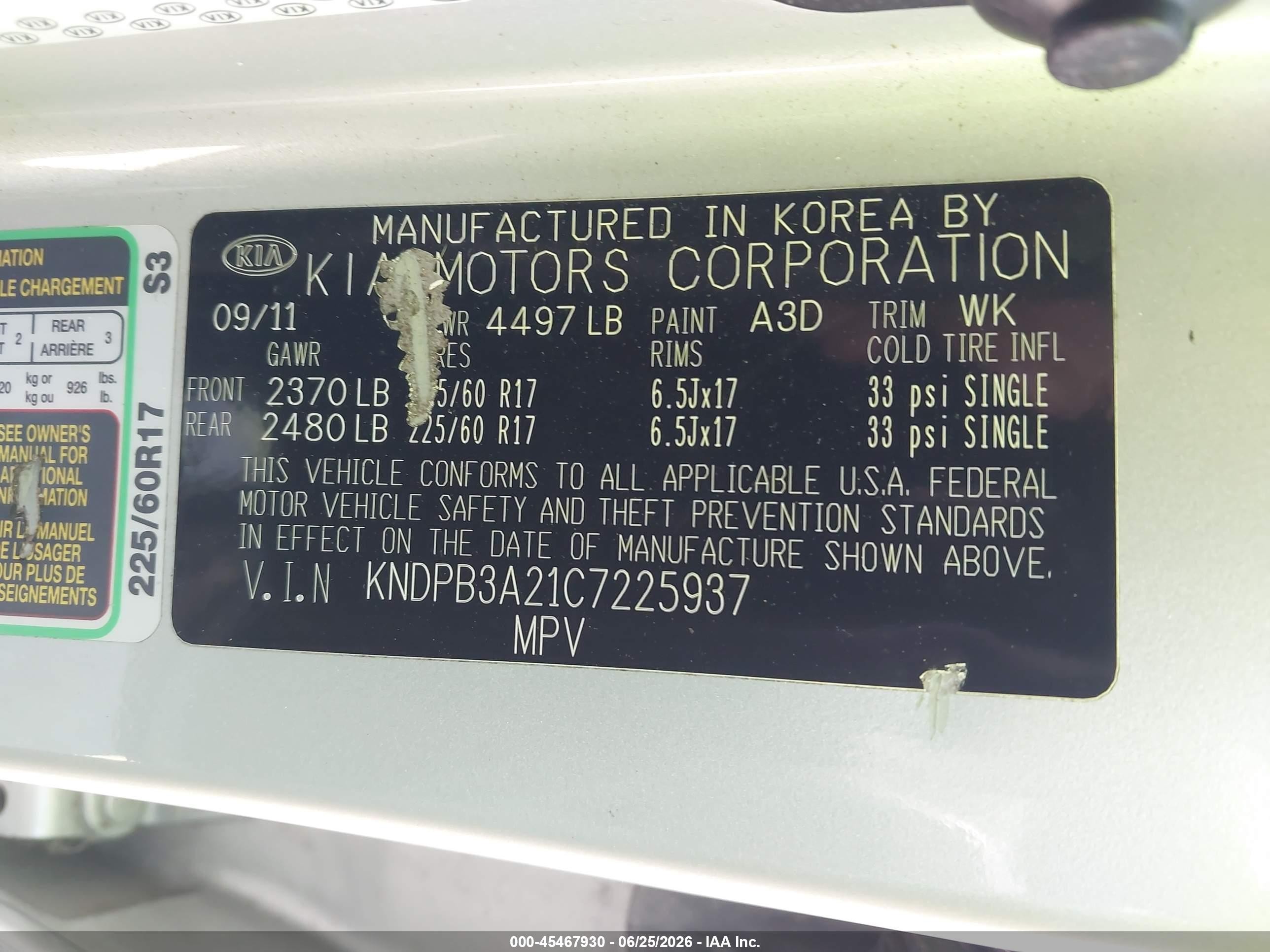 2012 Kia Sportage VIN KNDPB3A21C7225937 IAAI salvage auction — Rear End, Salvage (California), sold $2,550 on 2026-07-09 (photo 9)