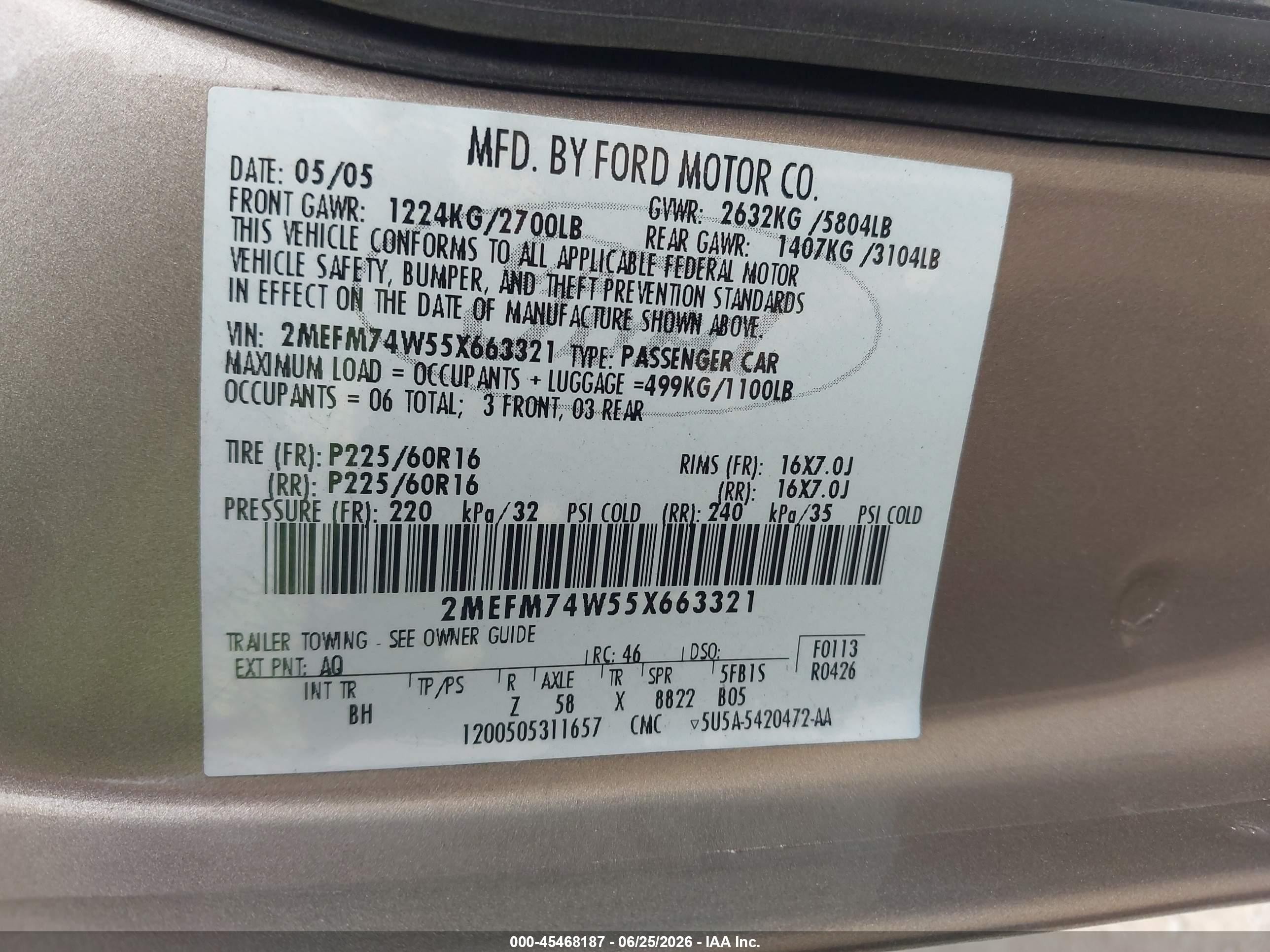 2005 Mercury Grand marquis VIN 2MEFM74W55X663321 IAAI salvage auction — Unknown, Salvage (Ohio), sold $350 on 2026-09-26 (photo 9)