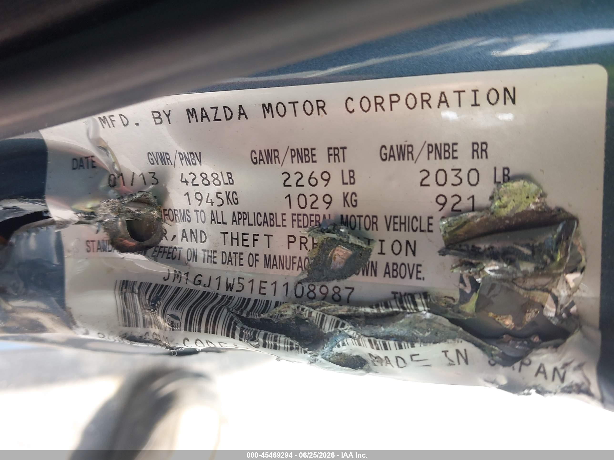2014 Mazda 6 VIN JM1GJ1W51E1108987 IAAI salvage auction — Side, Salvage (North Carolina), sold $1,200 on 2026-09-07 (photo 9)