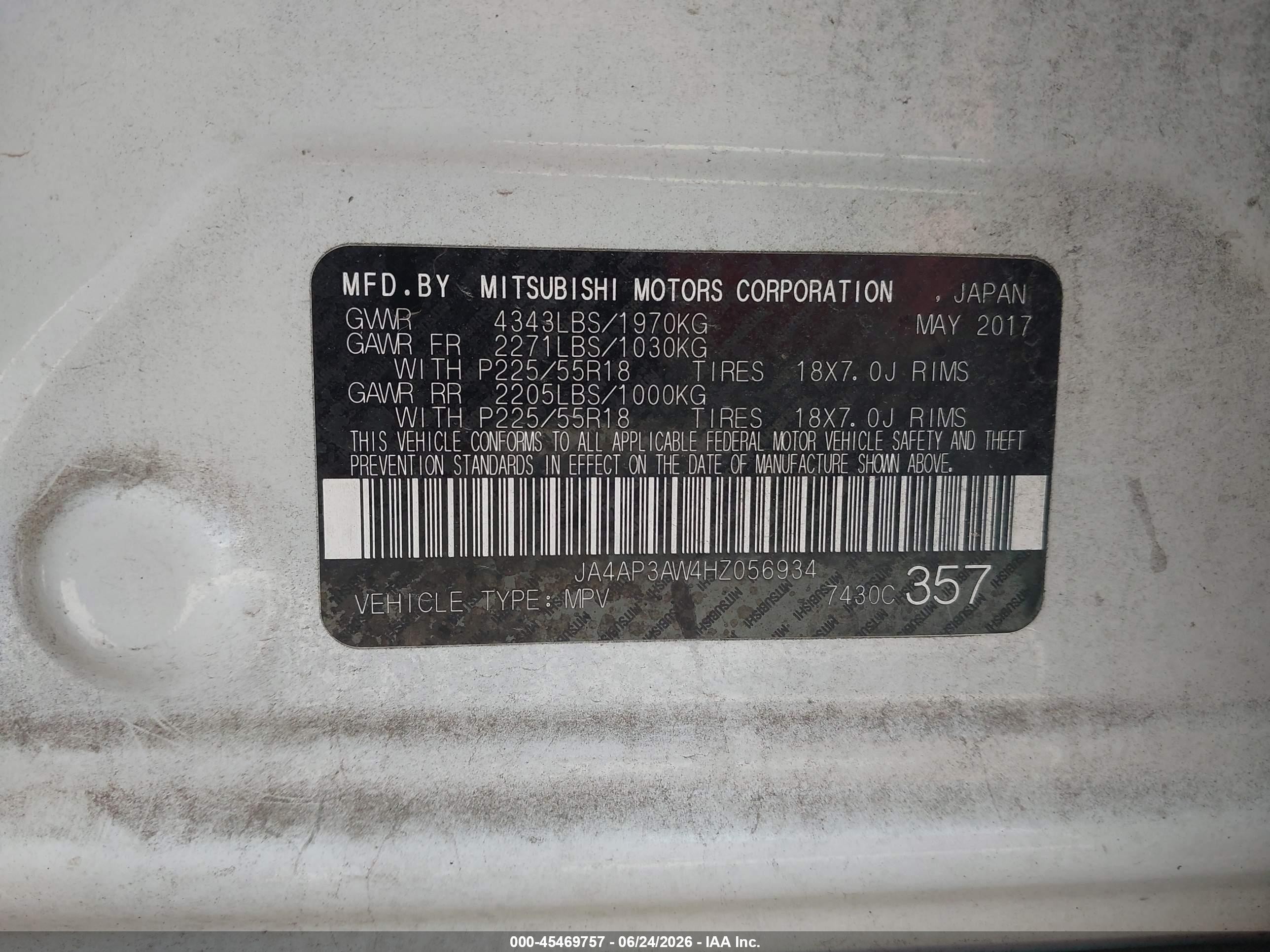 2017 Mitsubishi Outlander VIN JA4AP3AW4HZ056934 IAAI salvage auction — Rear End, Original (Texas), sold $925 on 2026-09-03 (photo 9)
