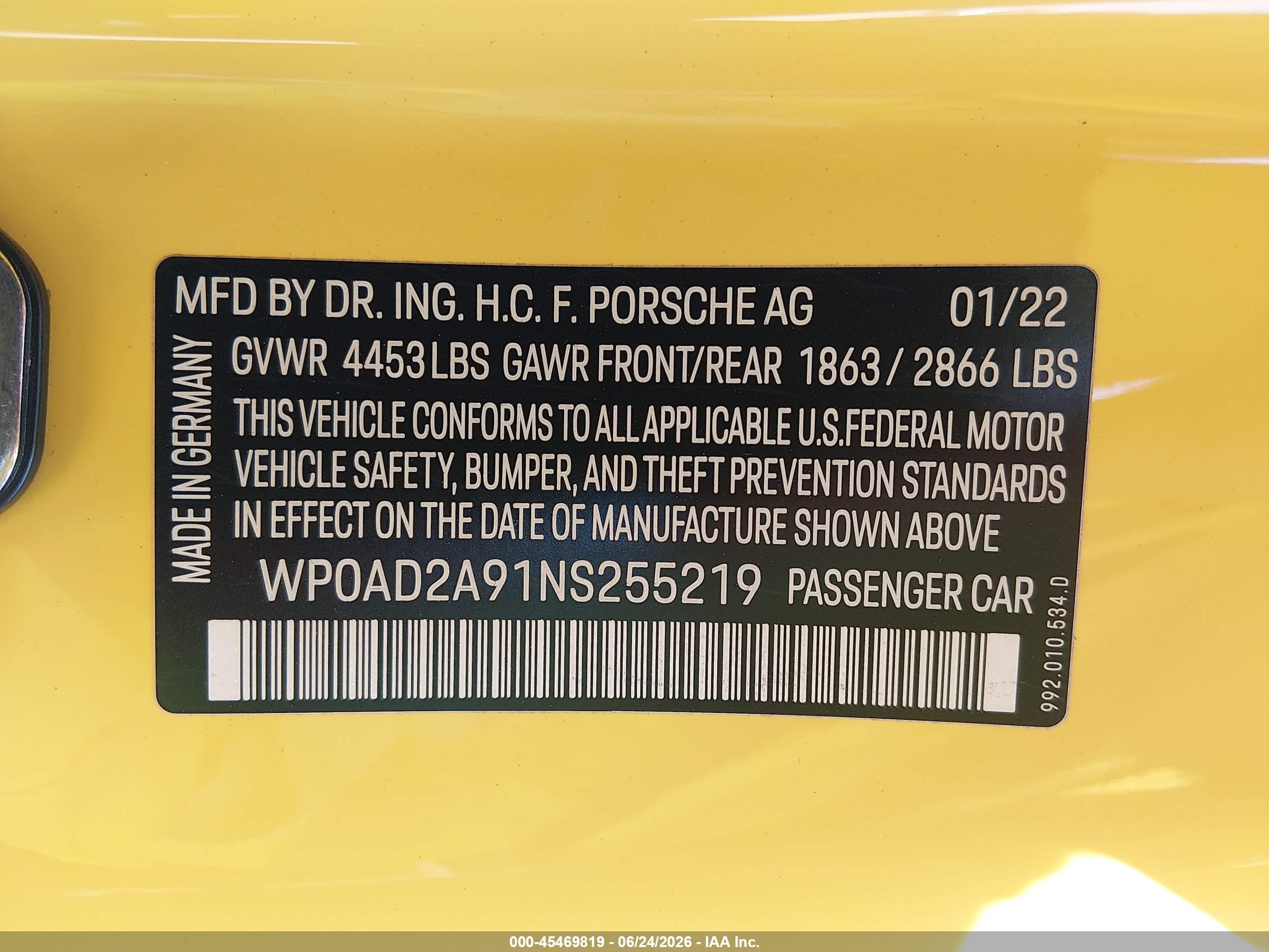 2022 Porsche 911 VIN WP0AD2A91NS255219 IAAI salvage auction — Unknown, Clear (North Carolina), sold $96,250 on 2026-07-01 (photo 9)