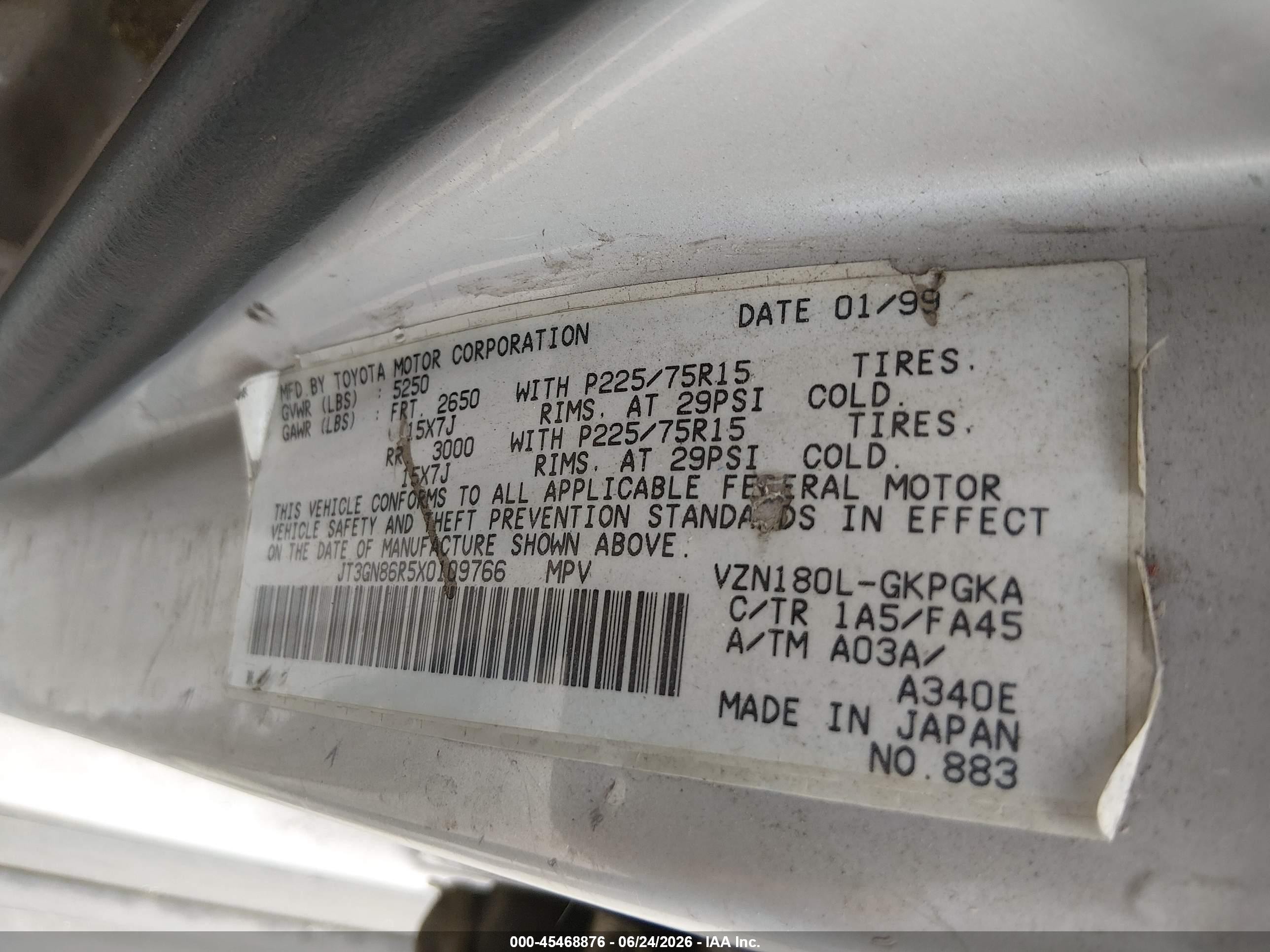 1999 Toyota 4Runner VIN JT3GN86R5X0109766 IAAI salvage auction — Normal Wear, Clear - Dealer Only (California), sold $2,275 on 2026-07-06 (photo 9)