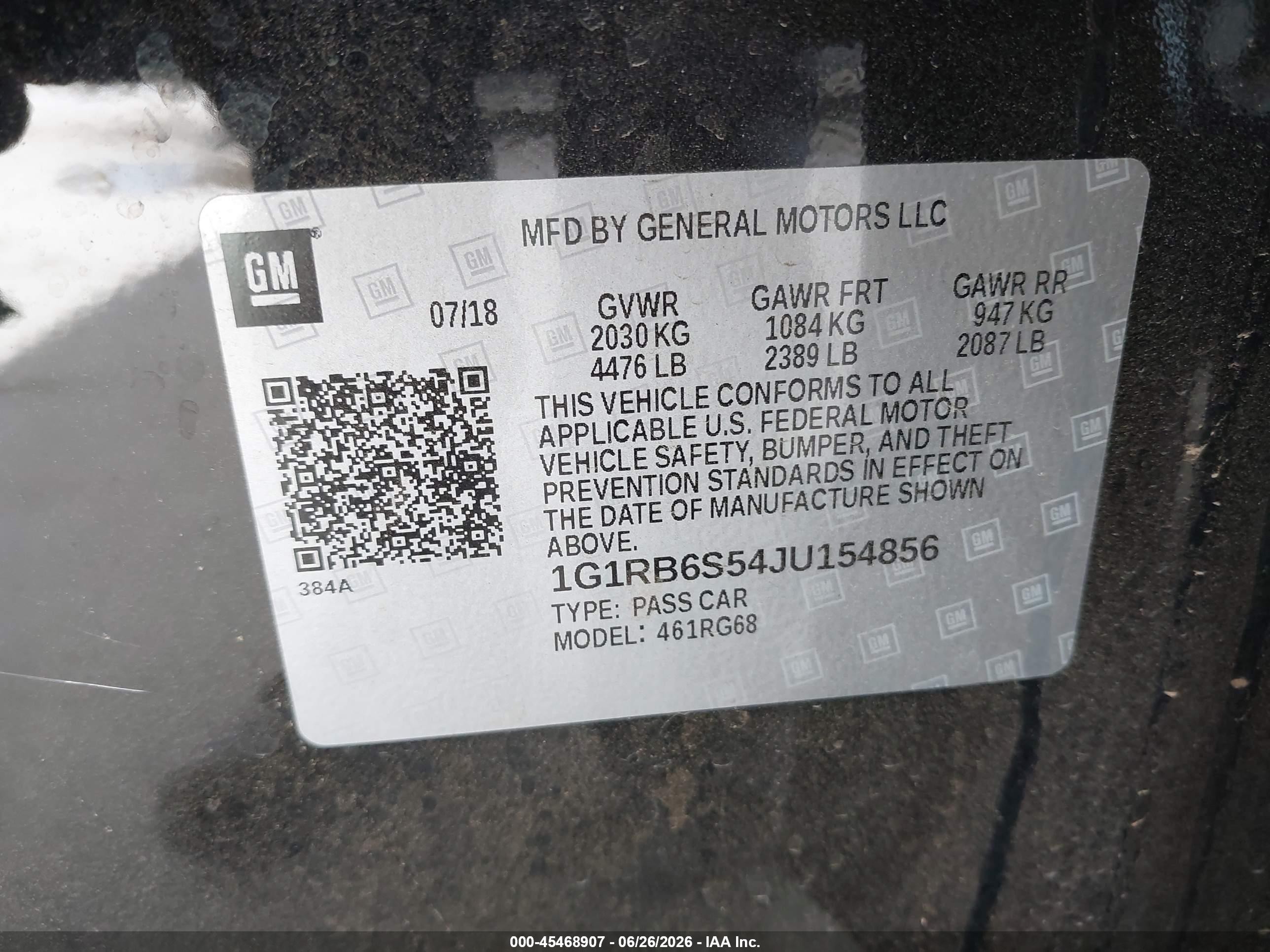 2018 Chevrolet Volt VIN 1G1RB6S54JU154856 IAAI salvage auction — Side, Bill Of Sale (Washington), sold $2,400 on 2026-07-12 (photo 9)