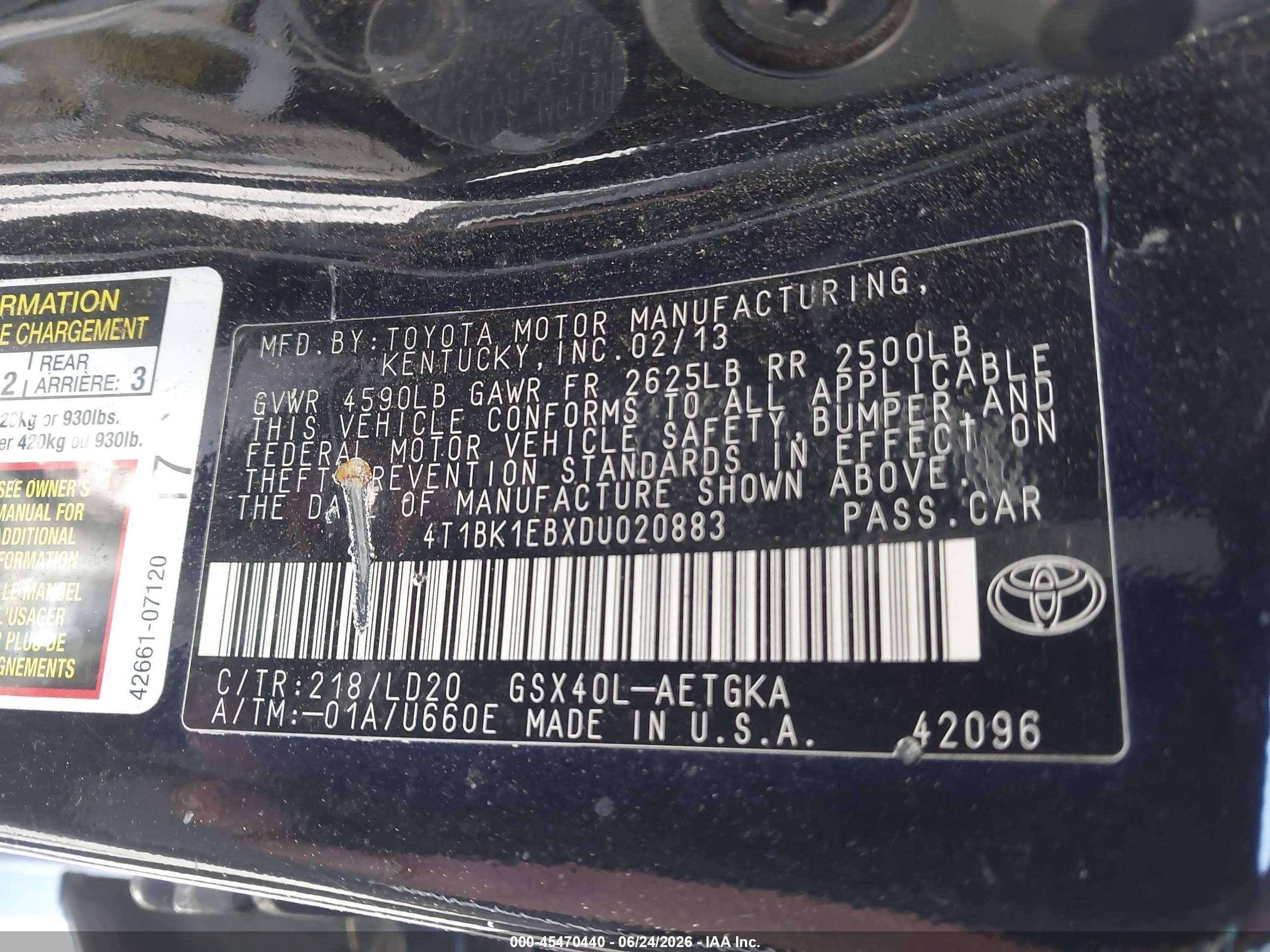 2013 Toyota Avalon VIN 4T1BK1EBXDU020883 IAAI salvage auction — Normal Wear, Salvage (California), sold $600 on 2026-07-09 (photo 9)
