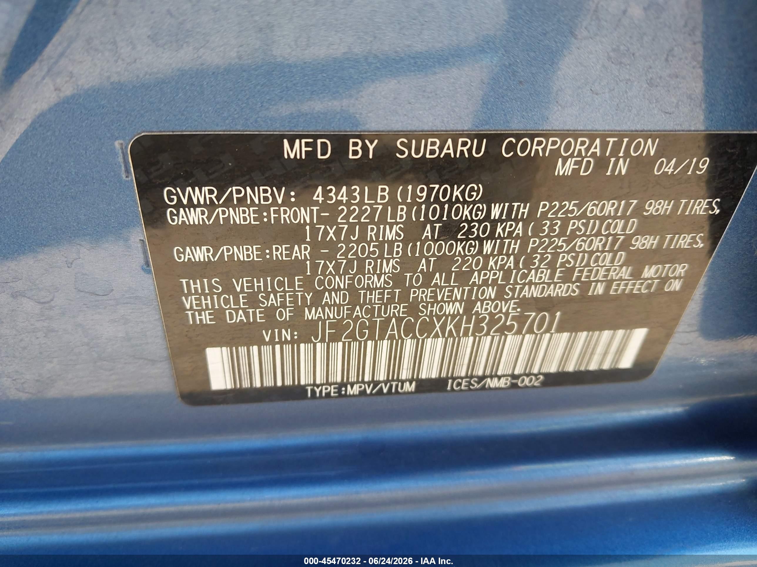 2019 Subaru Crosstrek VIN JF2GTACCXKH325701 IAAI salvage auction — Rear End, Salvage (Arizona), sold $5,000 on 2026-07-09 (photo 9)