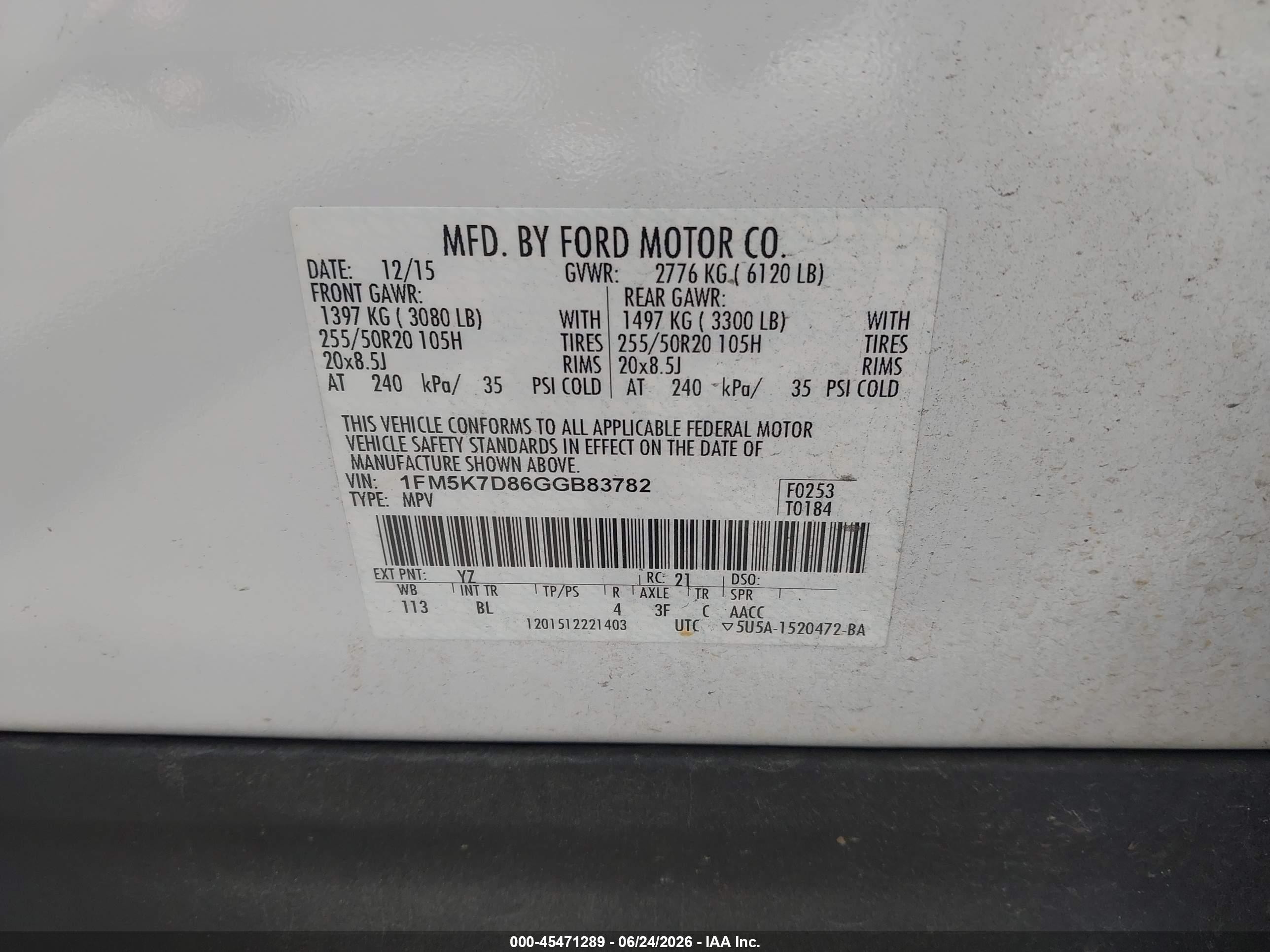 2016 Ford Explorer VIN 1FM5K7D86GGB83782 IAAI salvage auction — Rear End, Salvage (North Carolina), sold $2,550 on 2026-07-10 (photo 9)
