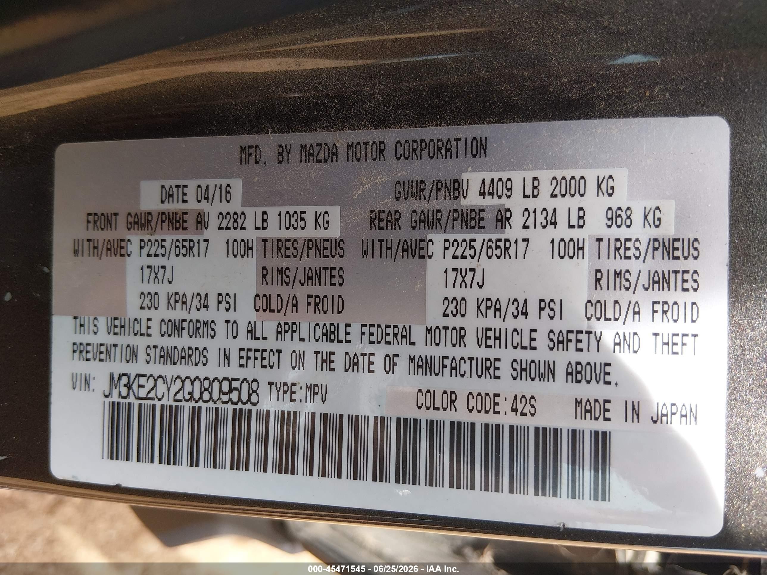 2016 Mazda Cx-5 VIN JM3KE2CY2G0809508 IAAI salvage auction — Front End, Salvage (Missouri), sold $2,700 on 2026-09-14 (photo 9)