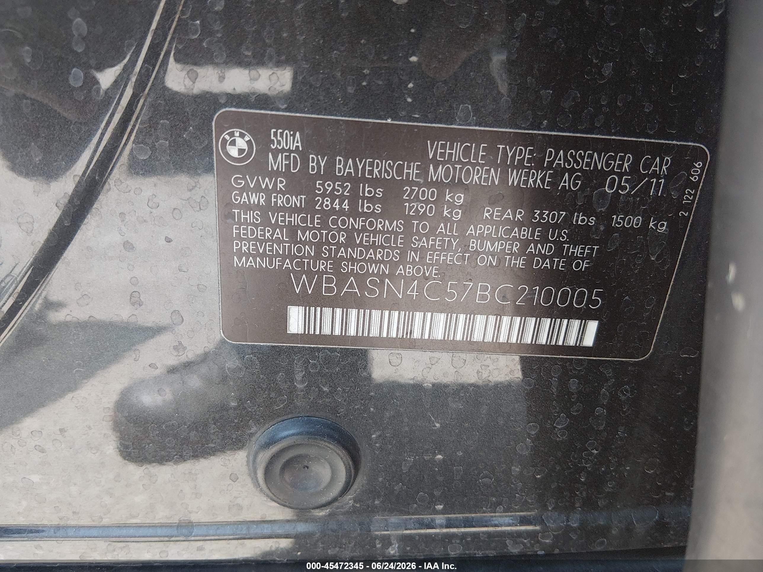 2011 BMW 5 Series VIN WBASN4C57BC210005 IAAI salvage auction — Normal Wear, Clear (Texas), sold $1,100 on 2026-07-09 (photo 9)