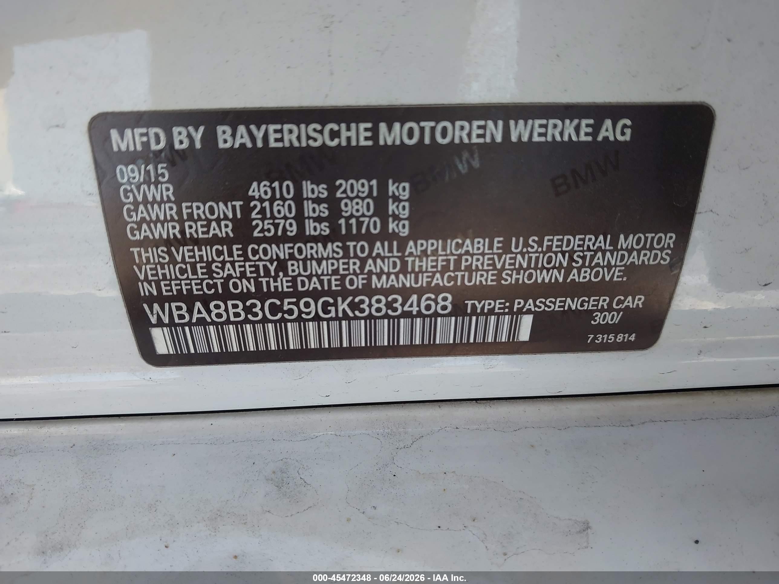 2016 BMW 3 Series VIN WBA8B3C59GK383468 IAAI salvage auction — Side, Salvage (California), sold $3,975 on 2026-07-09 (photo 9)