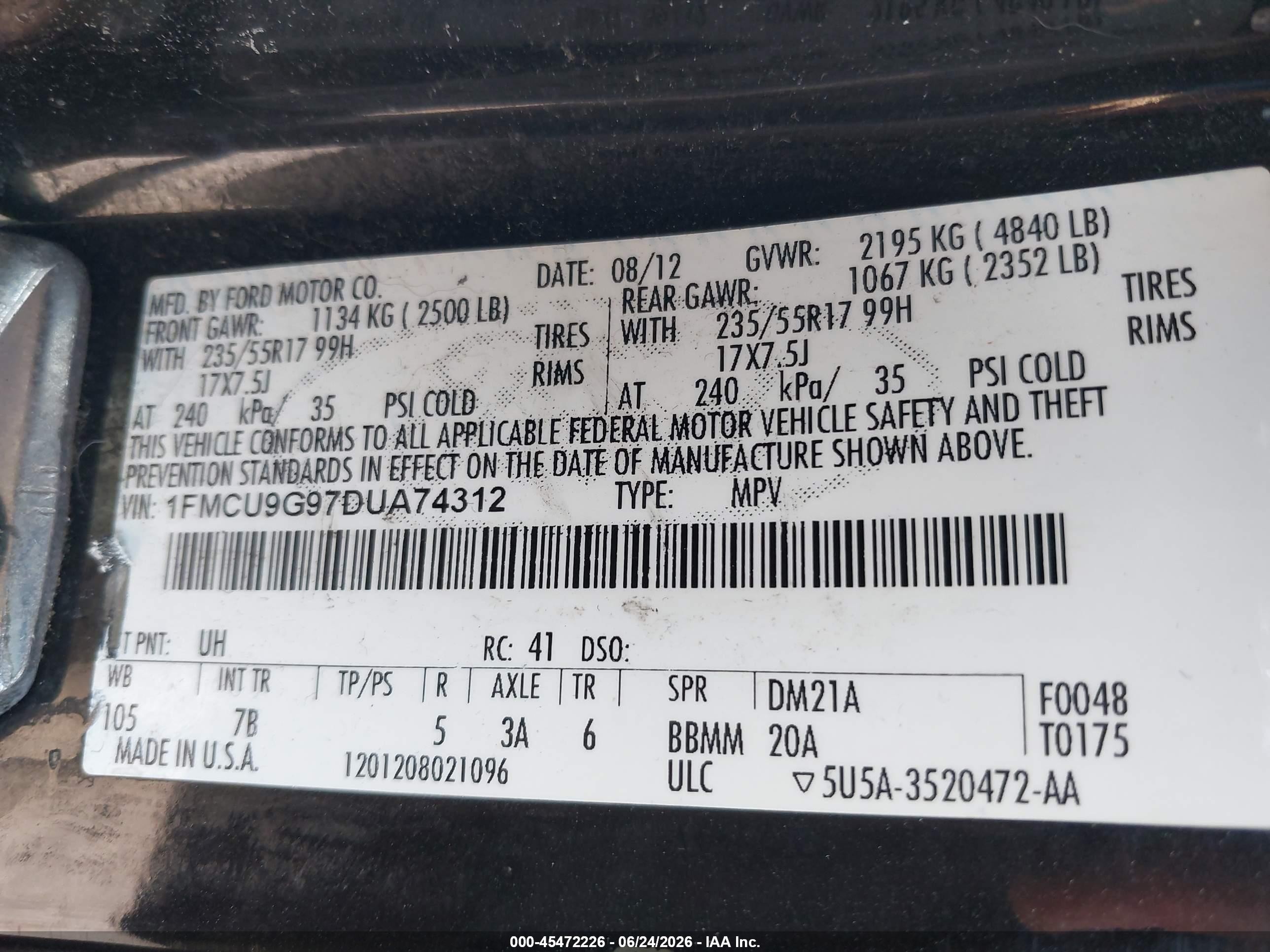 2013 Ford Escape VIN 1FMCU9G97DUA74312 IAAI salvage auction — Normal Wear, Clear-Dealer Only (Oregon), sold $650 on 2026-07-09 (photo 9)