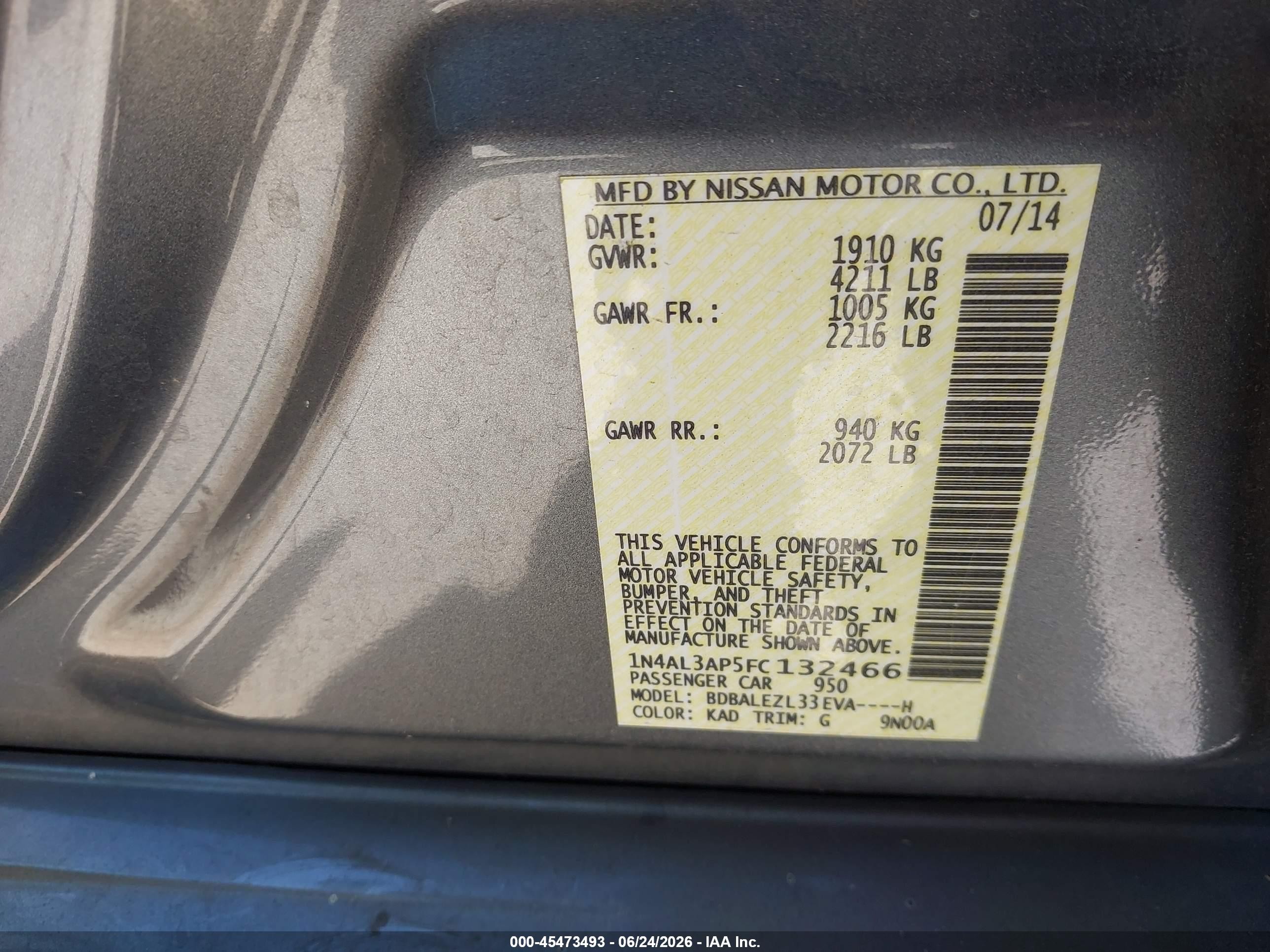 2015 Nissan Altima VIN 1N4AL3AP5FC132466 IAAI salvage auction — Rear End, Salvage (California), sold $1,650 on 2026-07-08 (photo 9)