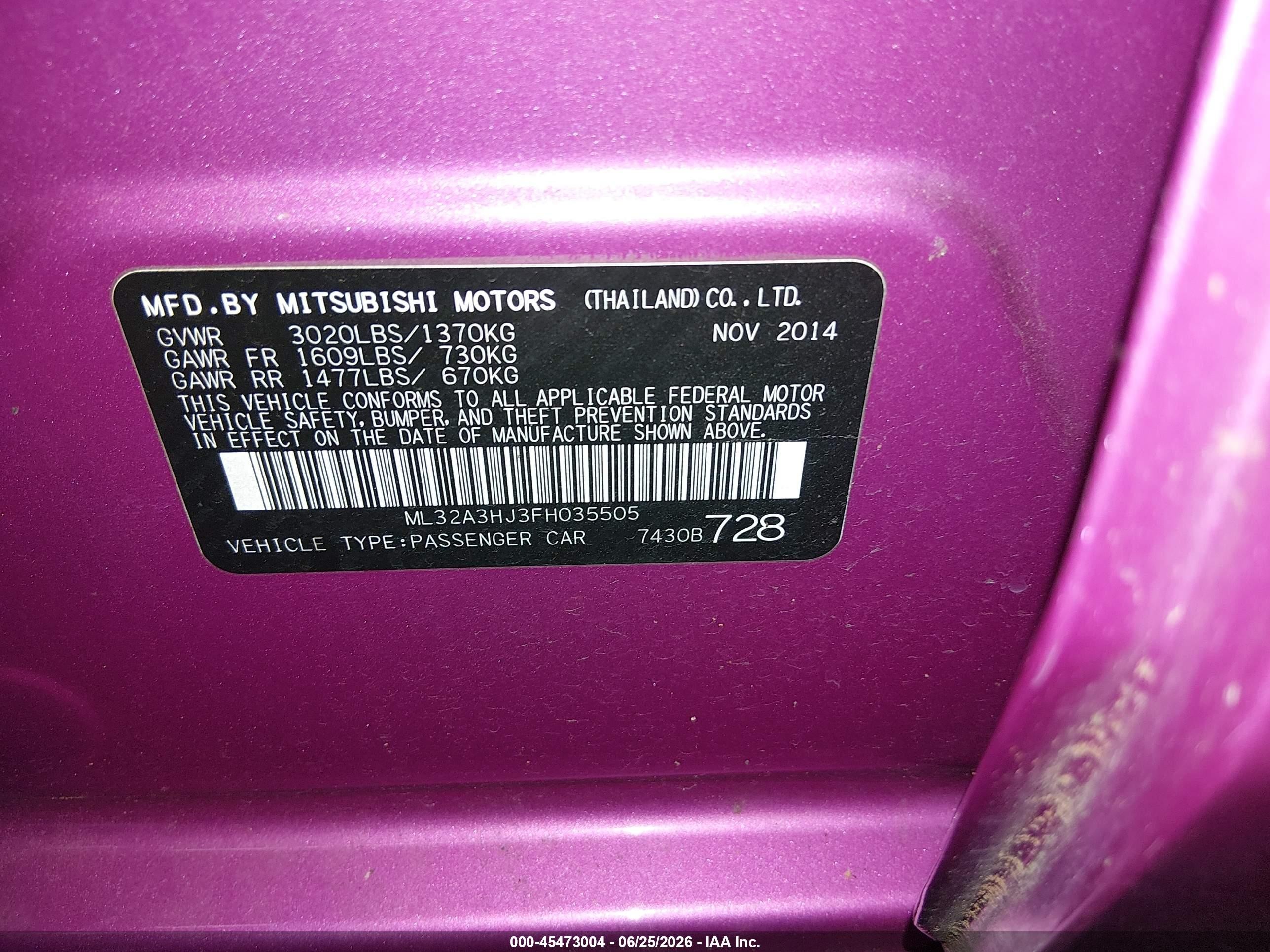 2015 Mitsubishi Mirage VIN ML32A3HJ3FH035505 IAAI salvage auction — Front End, Salvage (Oregon), sold $650 on 2026-09-06 (photo 9)