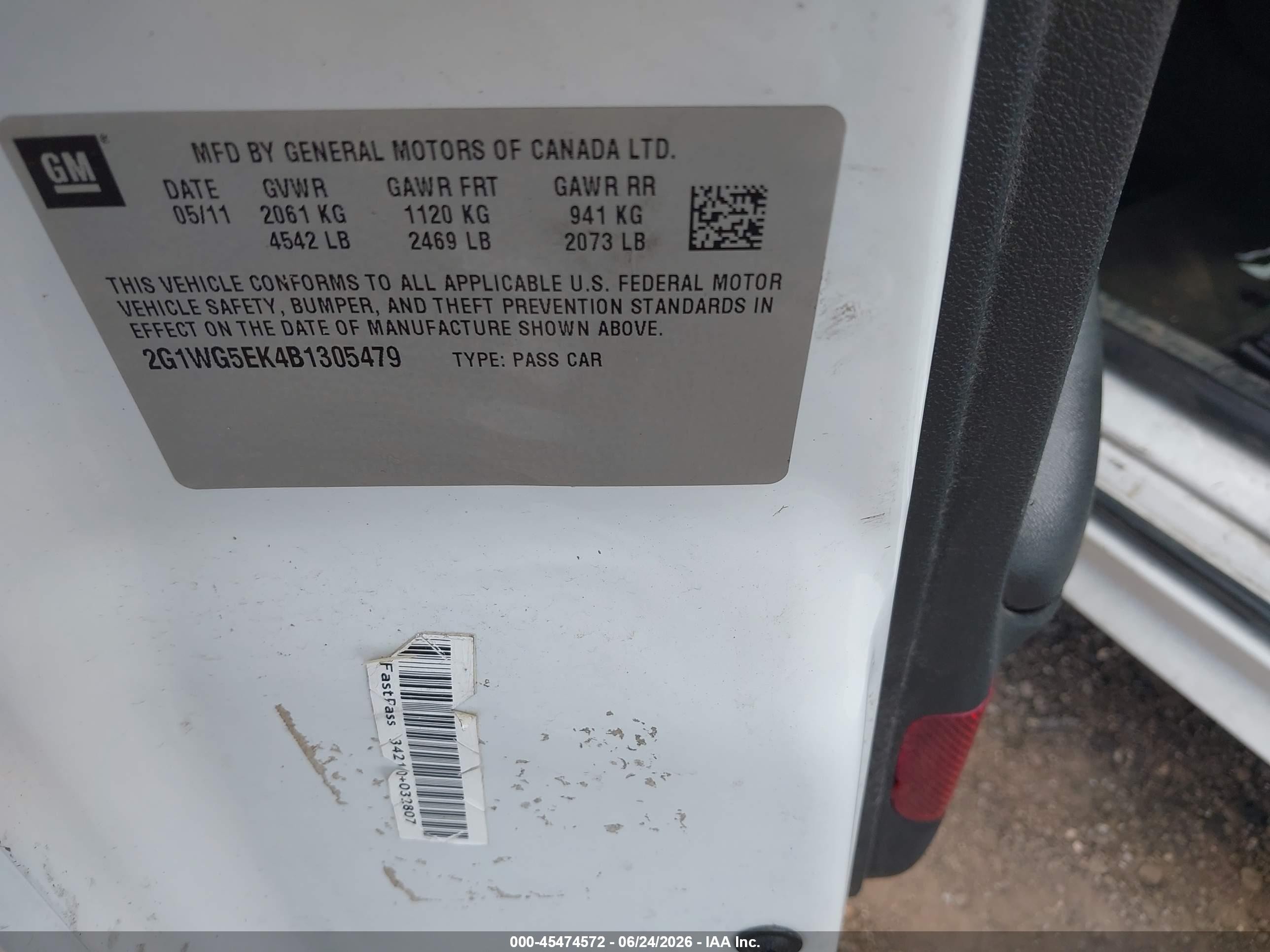 2011 Chevrolet Impala VIN 2G1WG5EK4B1305479 IAAI salvage auction — Normal Wear, Clear-Dealer Only (Arizona), sold $225 on 2026-07-02 (photo 9)