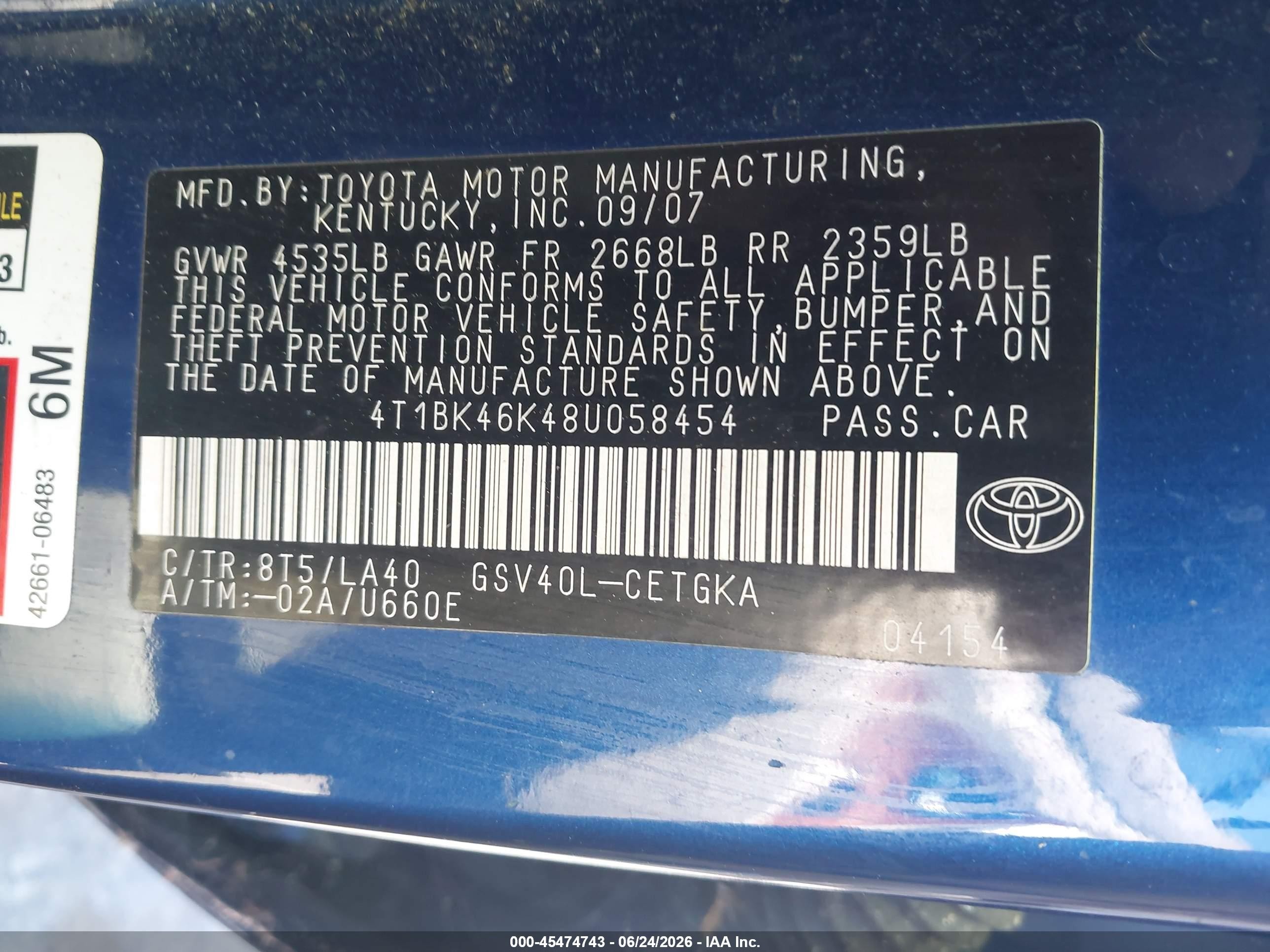 2008 Toyota Camry VIN 4T1BK46K48U058454 IAAI salvage auction — Normal Wear, Clear - Dealer Only (California), sold $825 on 2026-07-09 (photo 9)