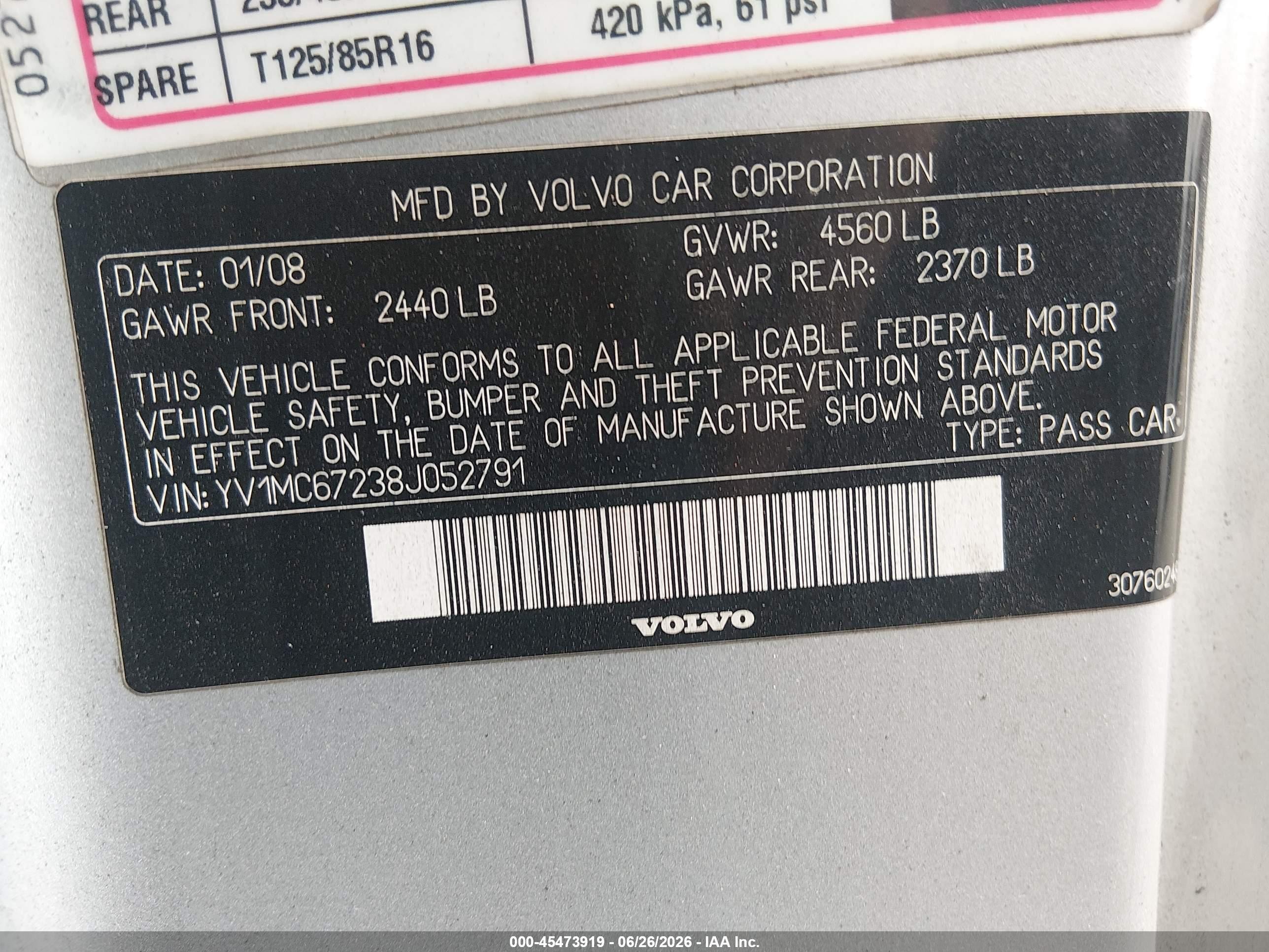 2008 Volvo C70 VIN YV1MC67238J052791 IAAI salvage auction — Front End, Clear (Arkansas), sold $350 on 2026-09-09 (photo 9)
