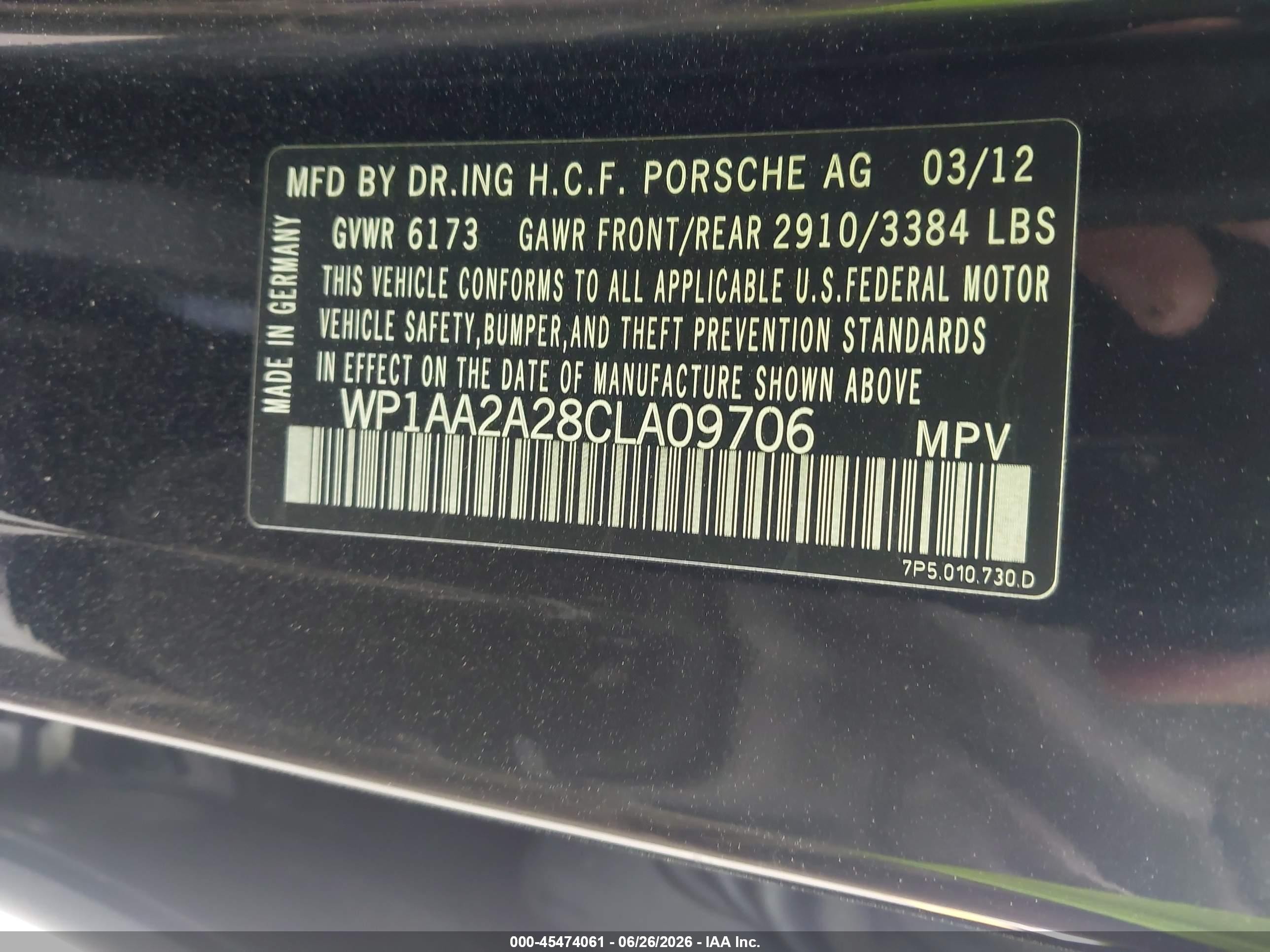 2012 Porsche Cayenne VIN WP1AA2A28CLA09706 IAAI salvage auction — Side, Salvage (California), sold $2,750 on 2026-07-09 (photo 9)