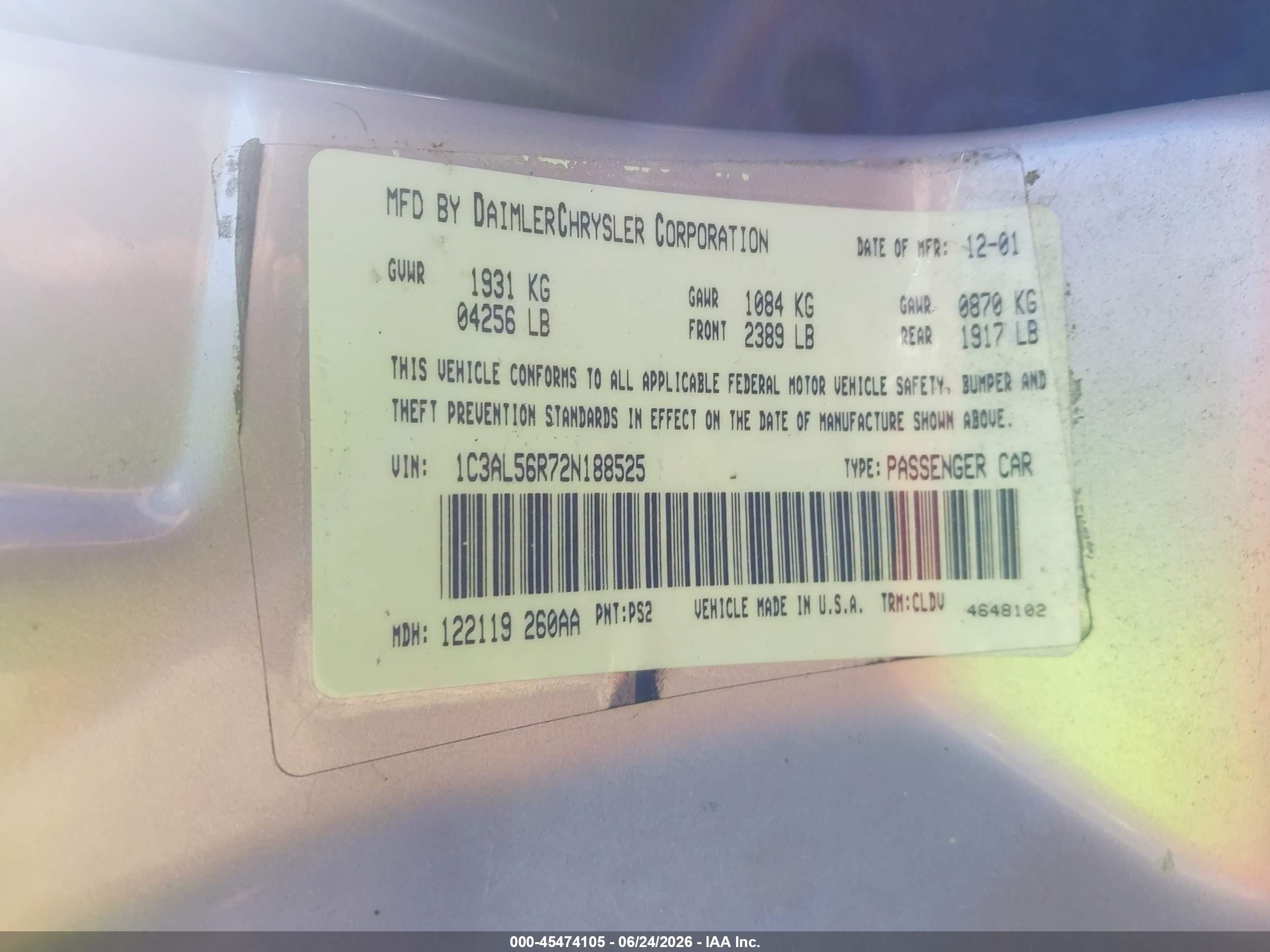 2002 Chrysler Sebring VIN 1C3AL56R72N188525 IAAI salvage auction — Normal Wear, Clear - Dealer Only (California), sold $350 on 2026-07-02 (photo 9)