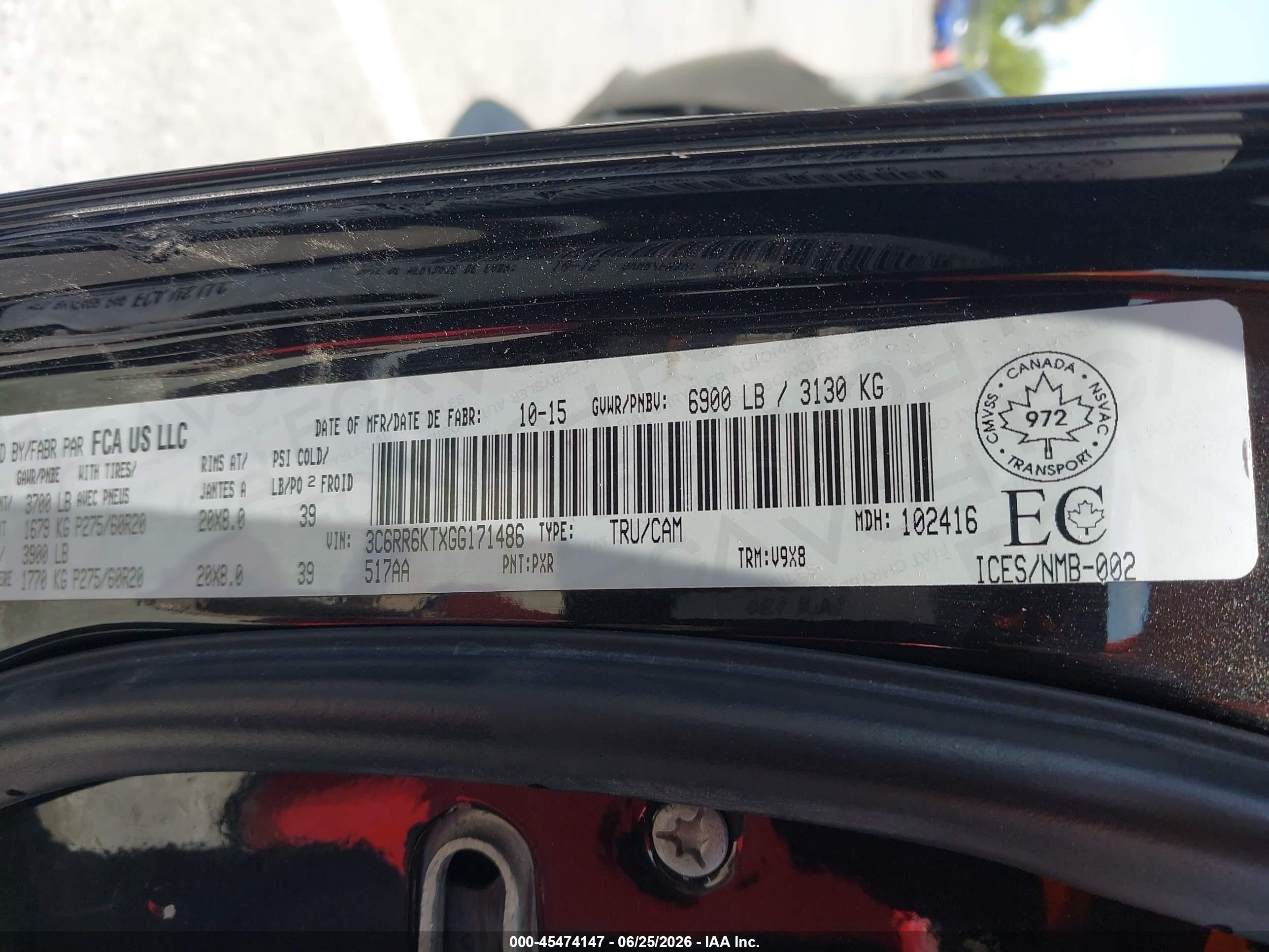 2016 Ram 1500 VIN 3C6RR6KTXGG171486 IAAI salvage auction — Theft, Salvage (California), sold $3,950 on 2026-07-09 (photo 9)