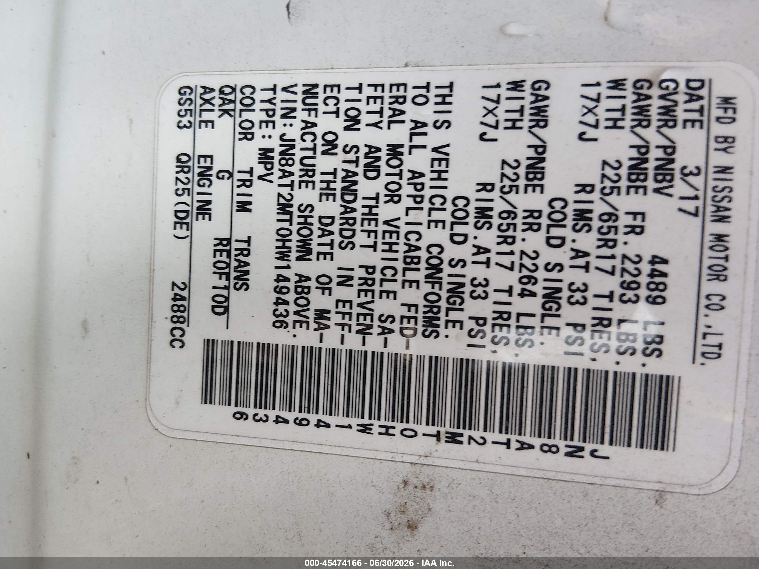 2017 Nissan Rogue VIN JN8AT2MT0HW149436 IAAI salvage auction — Front End, Clear (Oklahoma), sold $450 on 2026-09-08 (photo 9)