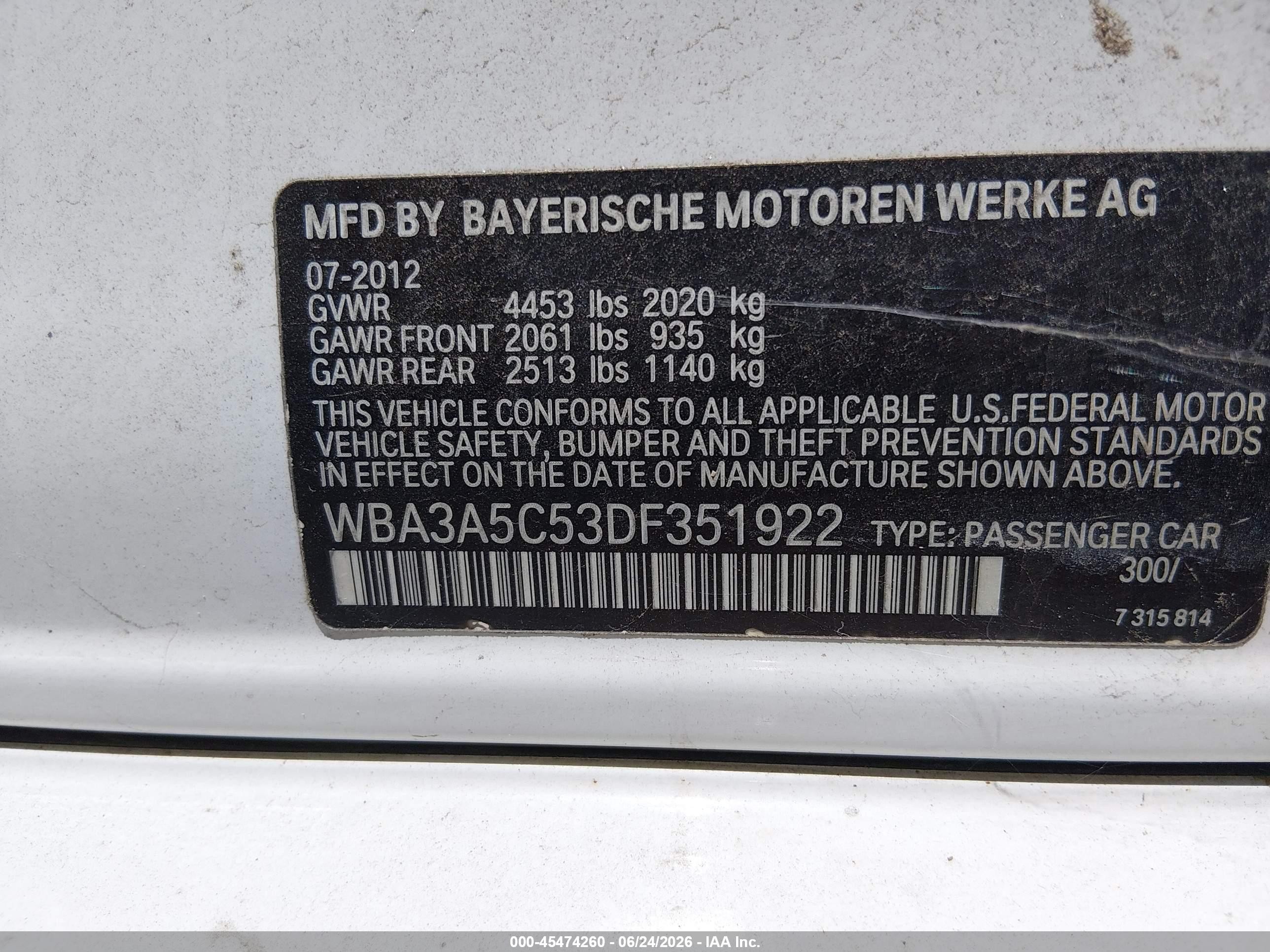 2013 BMW 3 Series VIN WBA3A5C53DF351922 IAAI salvage auction — Normal Wear, Salvage Title - Dealer (California), sold $650 on 2026-07-09 (photo 9)