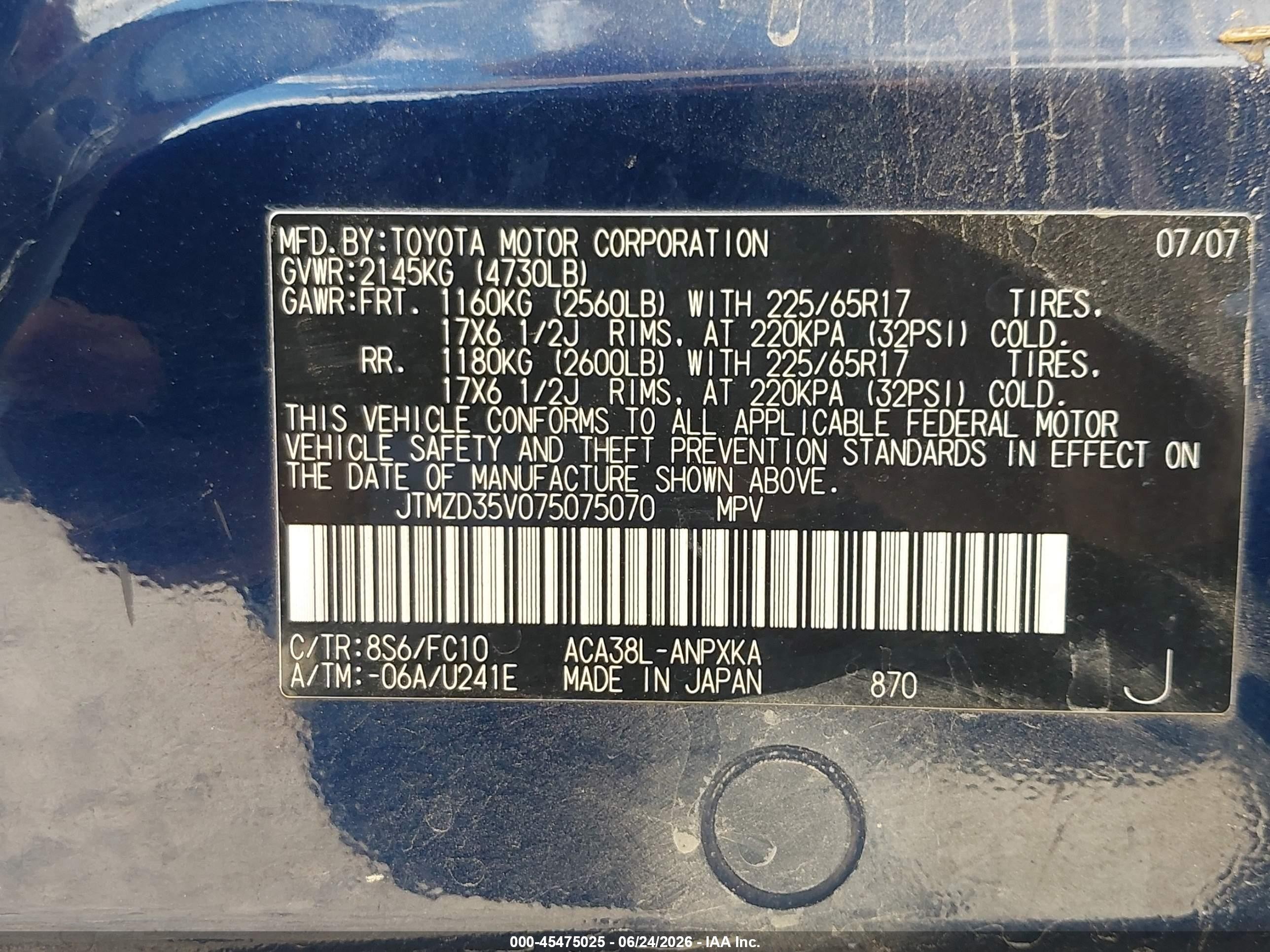 2007 Toyota RAV4 VIN JTMZD35V075075070 IAAI salvage auction — Normal Wear, Clear (Arkansas), sold $100 on 2026-07-02 (photo 9)