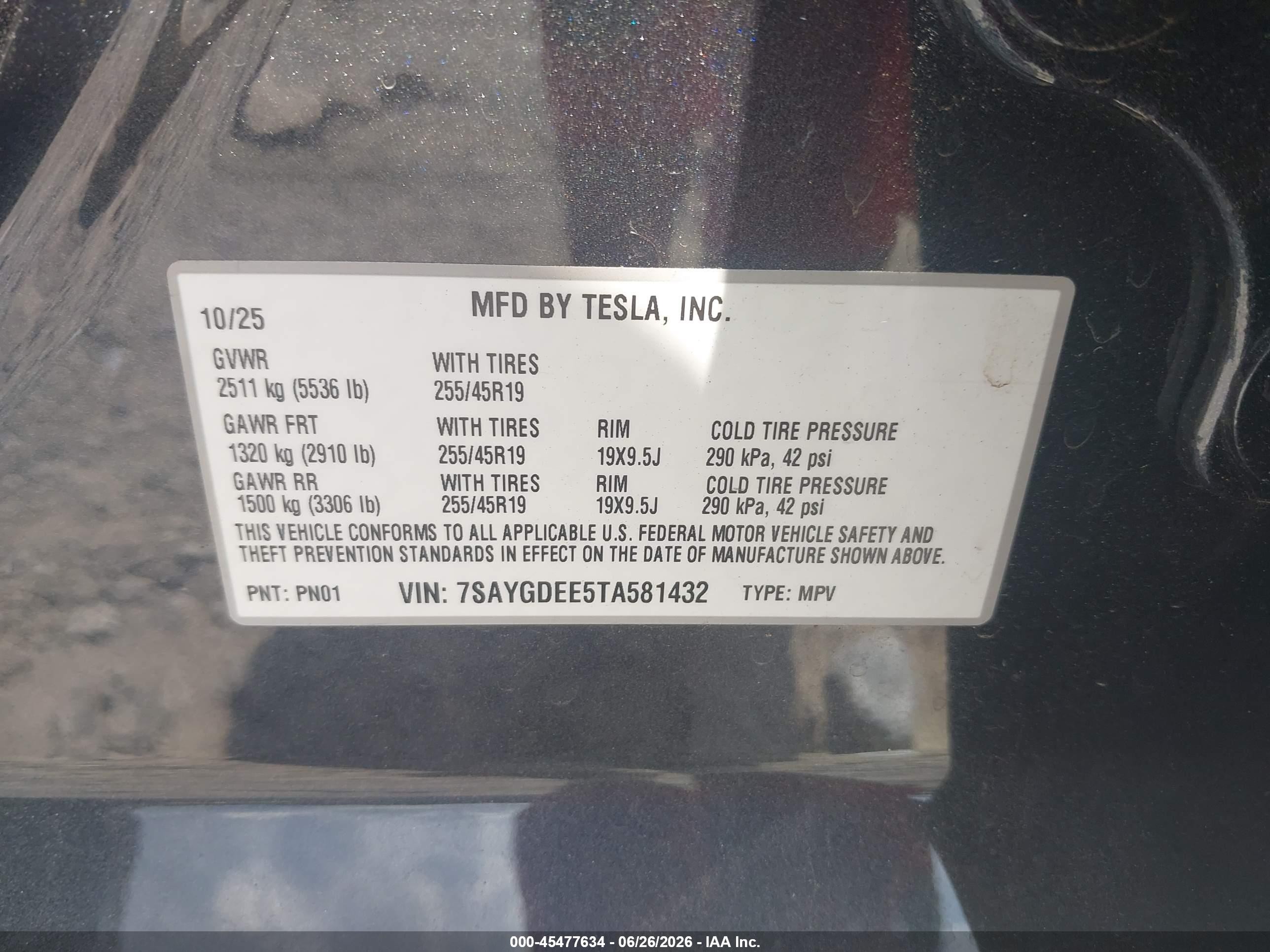 2026 Tesla Model y VIN 7SAYGDEE5TA581432 IAAI salvage auction — Rear End, Salvage (Georgia), sold $28,150 on 2026-08-20 (photo 9)