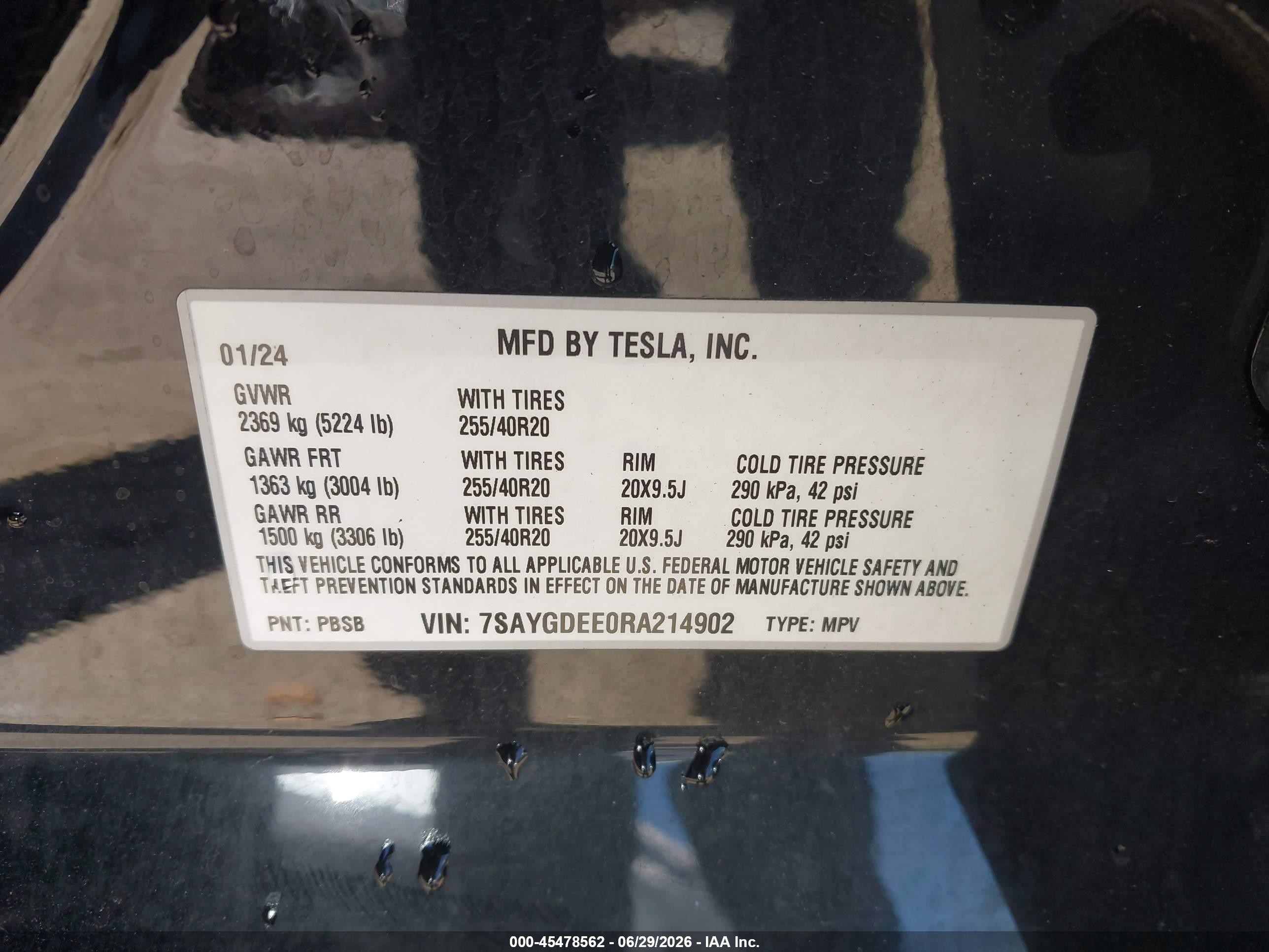 2024 Tesla Model y VIN 7SAYGDEE0RA214902 IAAI salvage auction — Unknown, Salvage - Greater Than 75% (Maryland), sold $7,350 on 2026-09-03 (photo 9)