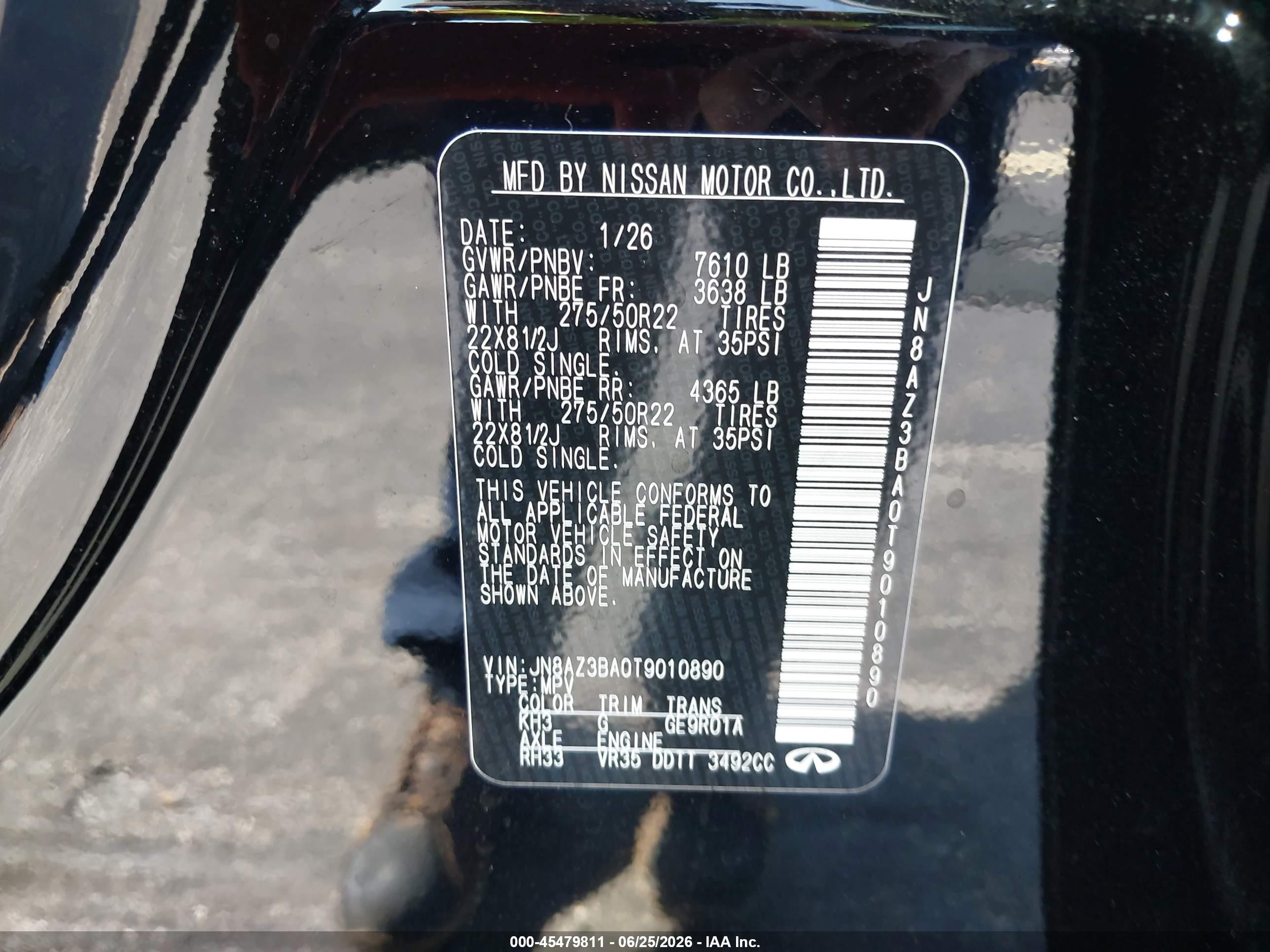 2026 Infiniti Qx80 VIN JN8AZ3BA0T9010890 IAAI salvage auction — Front End, Certificate Of Destruction (Florida), sold $30,125 on 2026-08-03 (photo 9)