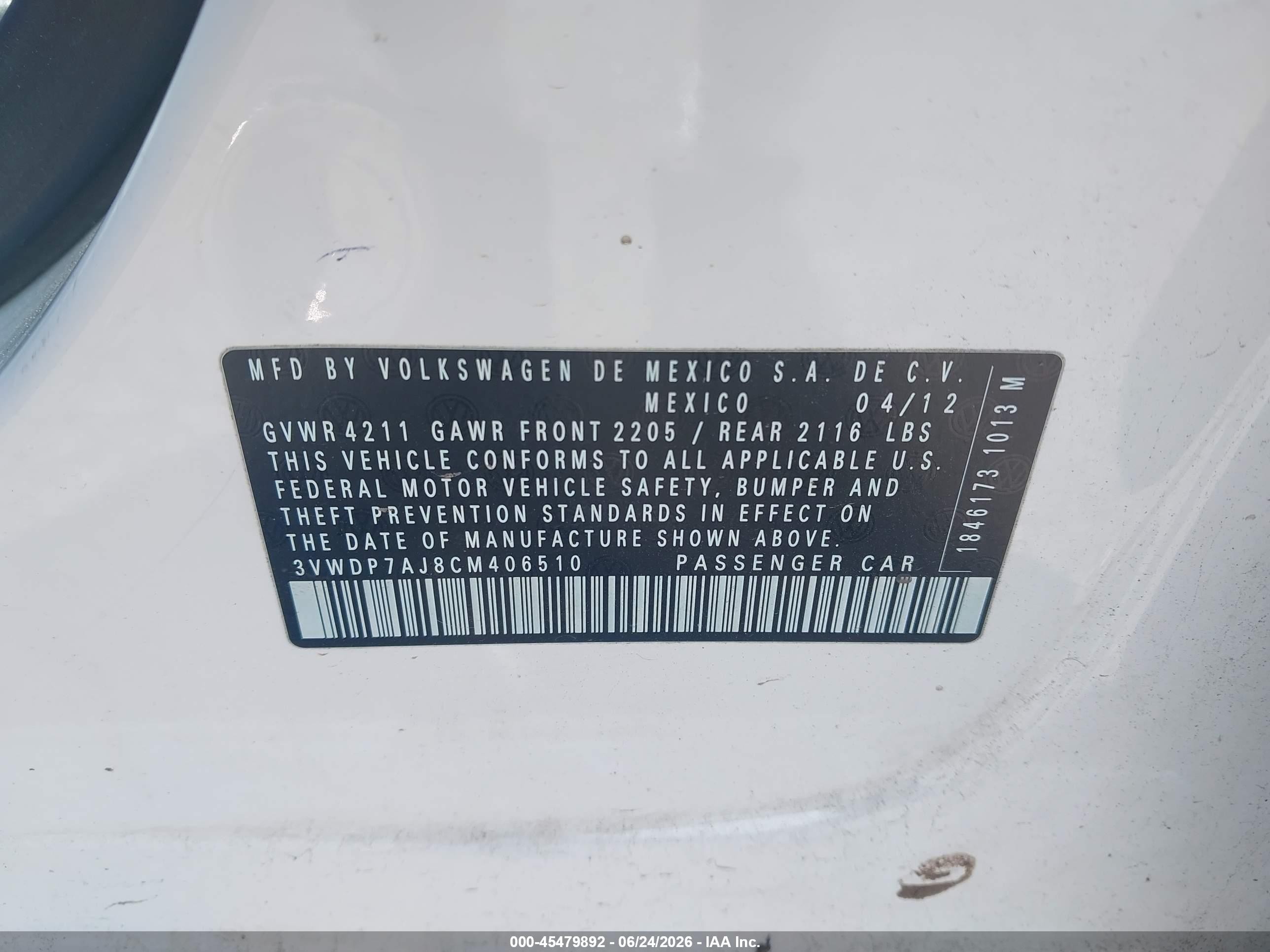 2012 Volkswagen Jetta VIN 3VWDP7AJ8CM406510 IAAI salvage auction — Normal Wear, Clear-Dealer Only (Oregon), sold $300 on 2026-07-09 (photo 9)