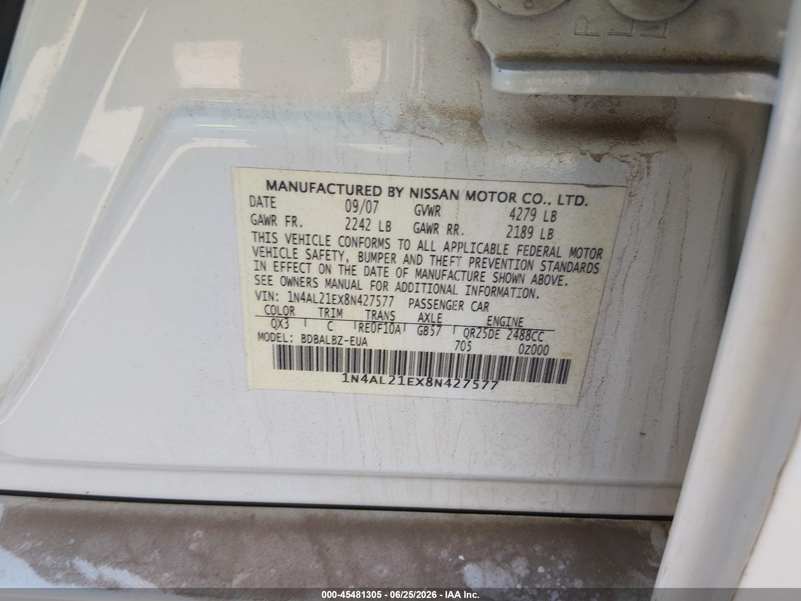 2008 Nissan Altima VIN 1N4AL21EX8N427577 IAAI salvage auction — Normal Wear, Clear-Dealer Only (Arizona), sold $775 on 2026-07-09 (photo 9)