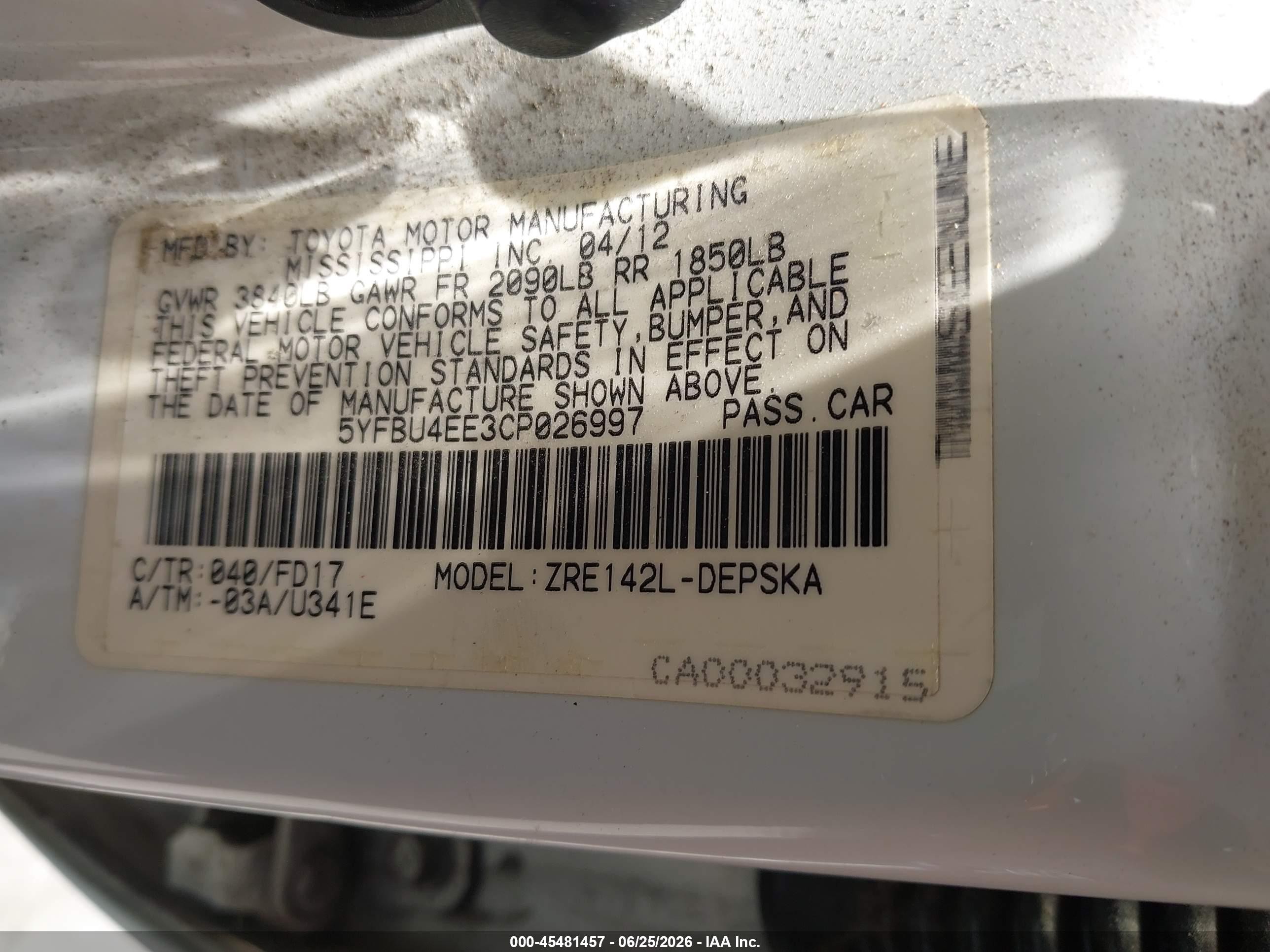 2012 Toyota Corolla VIN 5YFBU4EE3CP026997 IAAI salvage auction — Normal Wear, Salvage (California), sold $1,000 on 2026-07-09 (photo 9)