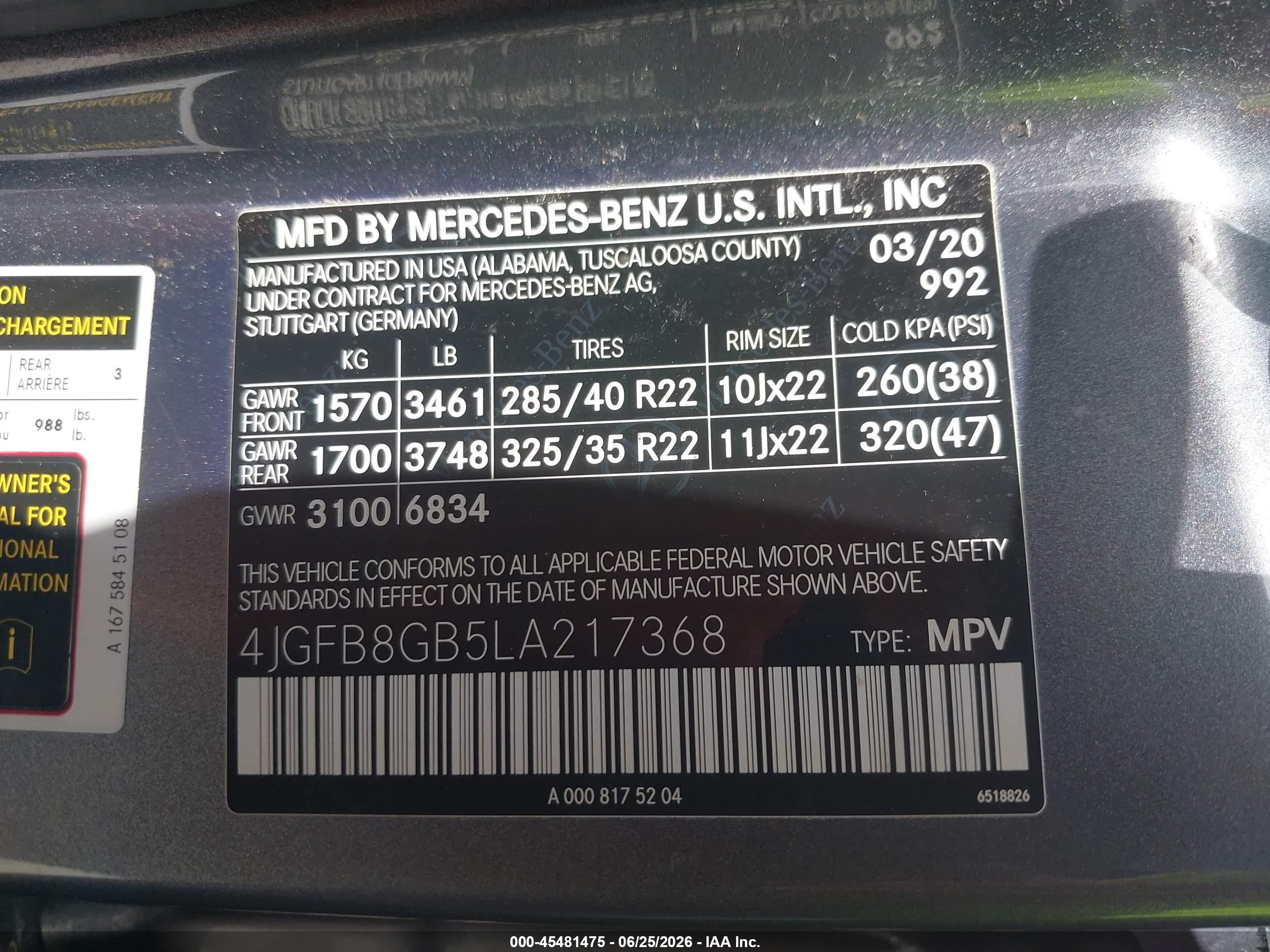 2020 Mercedes-benz Gle VIN 4JGFB8GB5LA217368 IAAI salvage auction — Unknown, Clear (Arizona), sold $16,900 on 2026-08-16 (photo 9)
