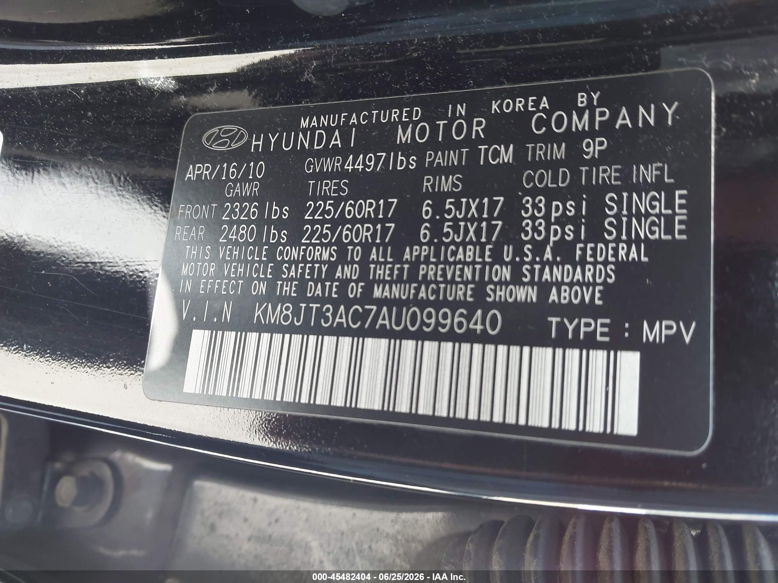 2010 Hyundai Tucson VIN KM8JT3AC7AU099640 IAAI salvage auction — Normal Wear, Clear - Dealer Only (California), sold $525 on 2026-07-09 (photo 9)