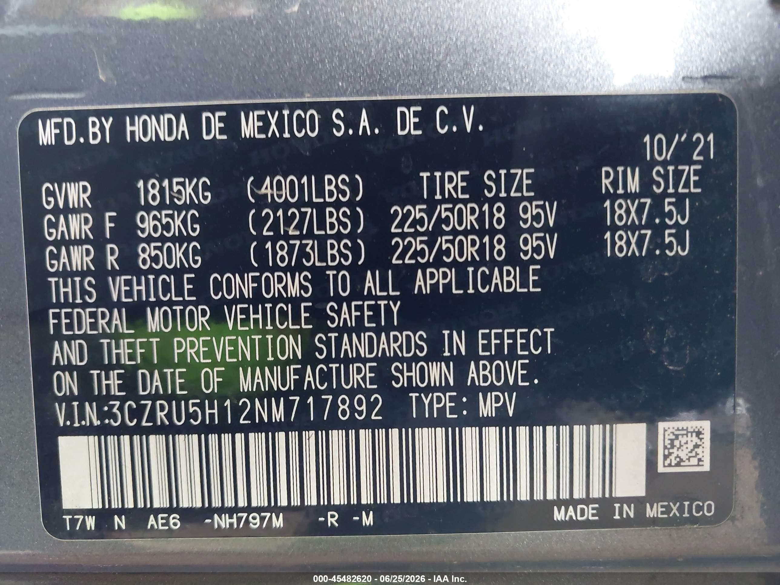2022 Honda HR-V VIN 3CZRU5H12NM717892 IAAI salvage auction — Front End, Salvage (Arizona), sold $4,850 on 2026-07-12 (photo 9)