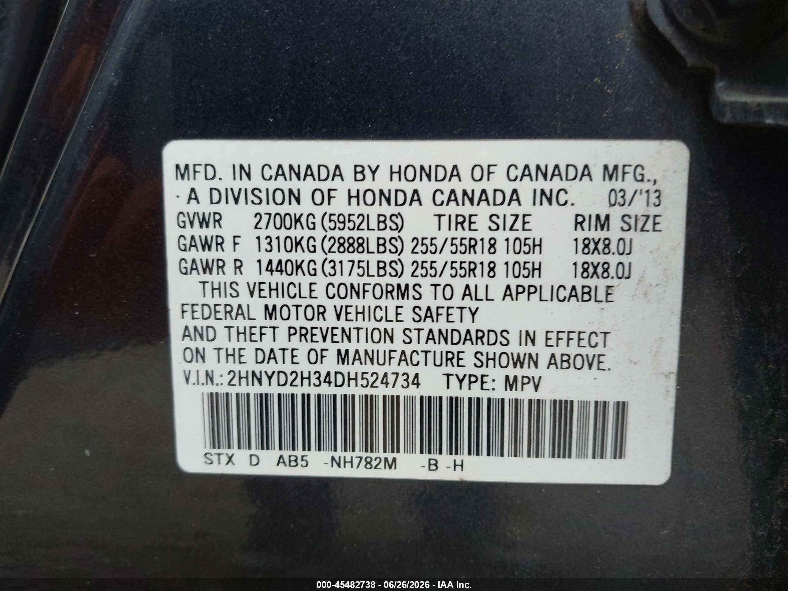 2013 Acura MDX VIN 2HNYD2H34DH524734 IAAI salvage auction — Rear End, Salvage (Pennsylvania), sold $1,050 on 2026-07-07 (photo 9)