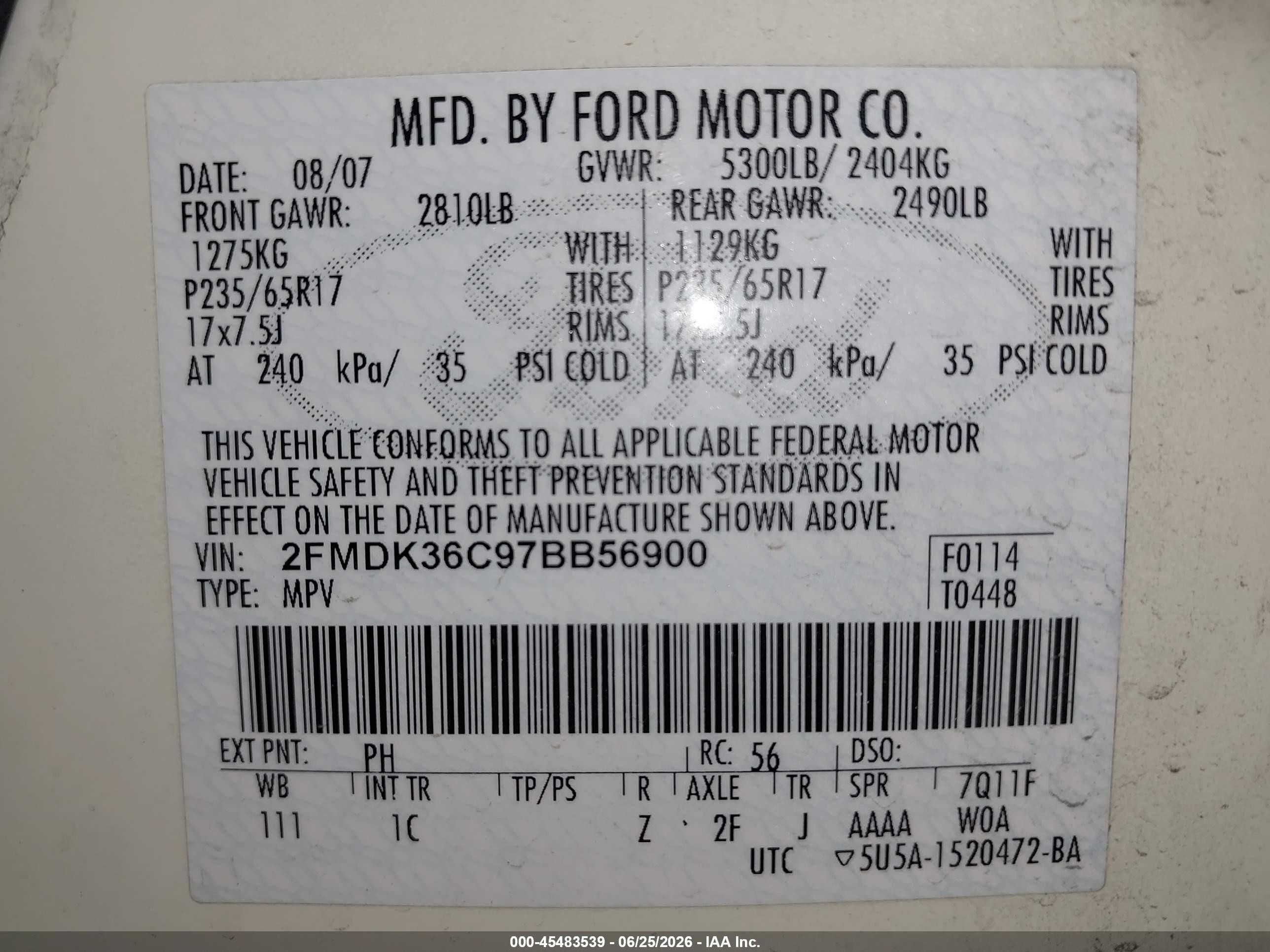 2007 Ford Edge VIN 2FMDK36C97BB56900 IAAI salvage auction — Front End, Salvage (Arizona), sold $700 on 2026-07-11 (photo 9)