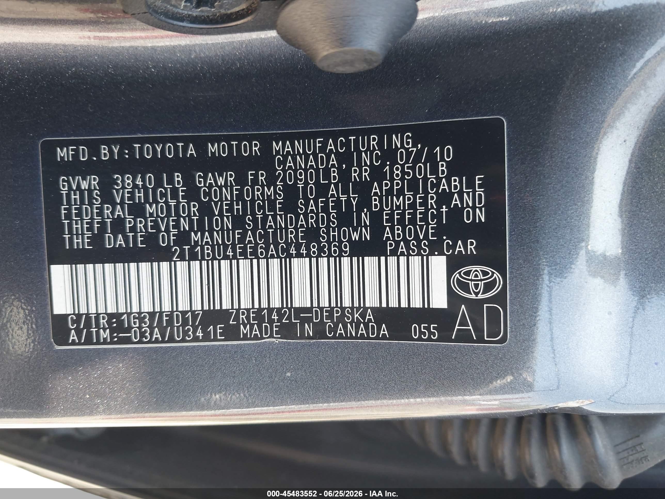 2010 Toyota Corolla VIN 2T1BU4EE6AC448369 IAAI salvage auction — Front End, Salvage (California), sold $650 on 2026-07-09 (photo 9)