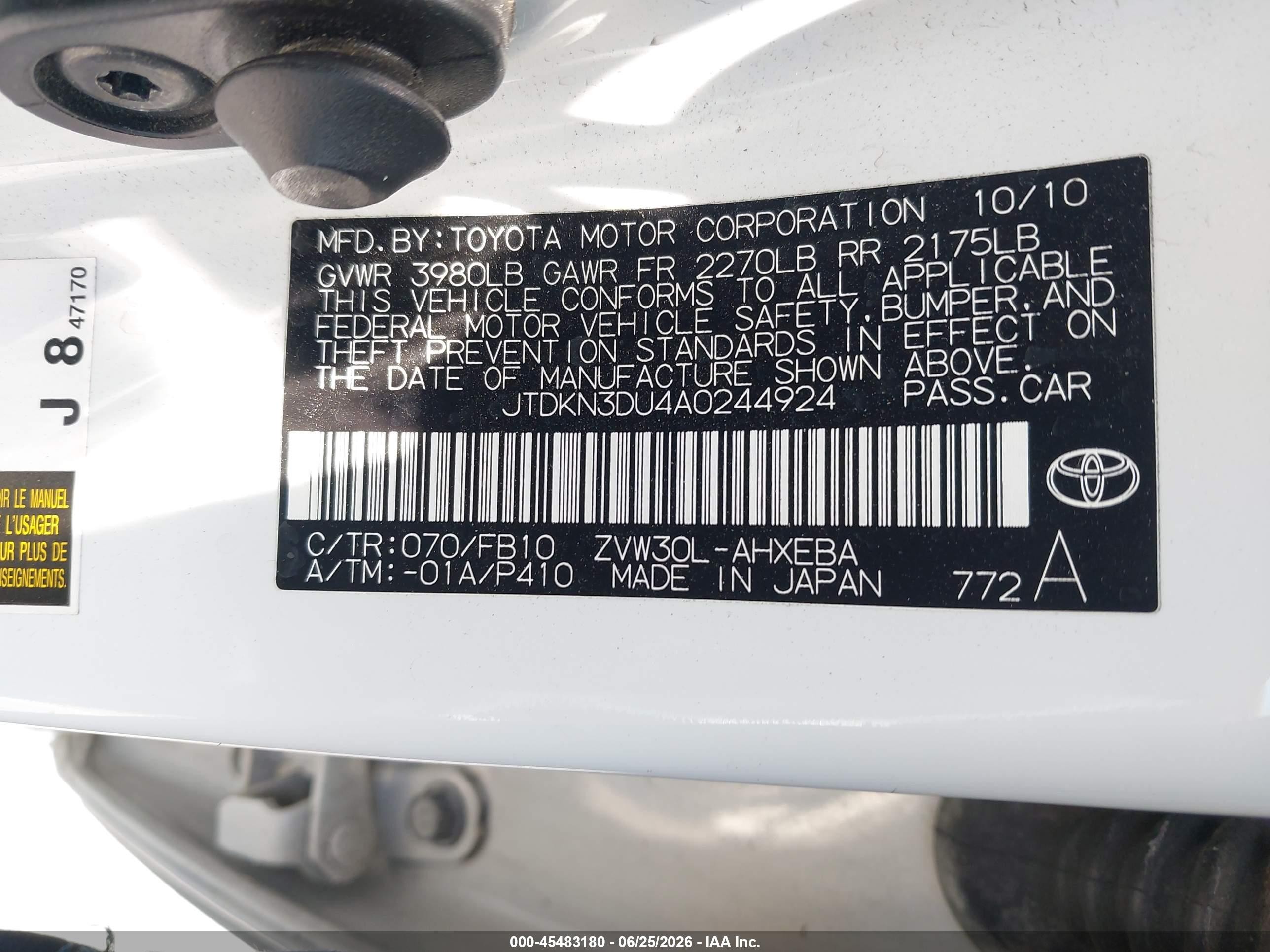 2010 Toyota Prius VIN JTDKN3DU4A0244924 IAAI salvage auction — Normal Wear, Salvage (California), sold $275 on 2026-07-09 (photo 9)
