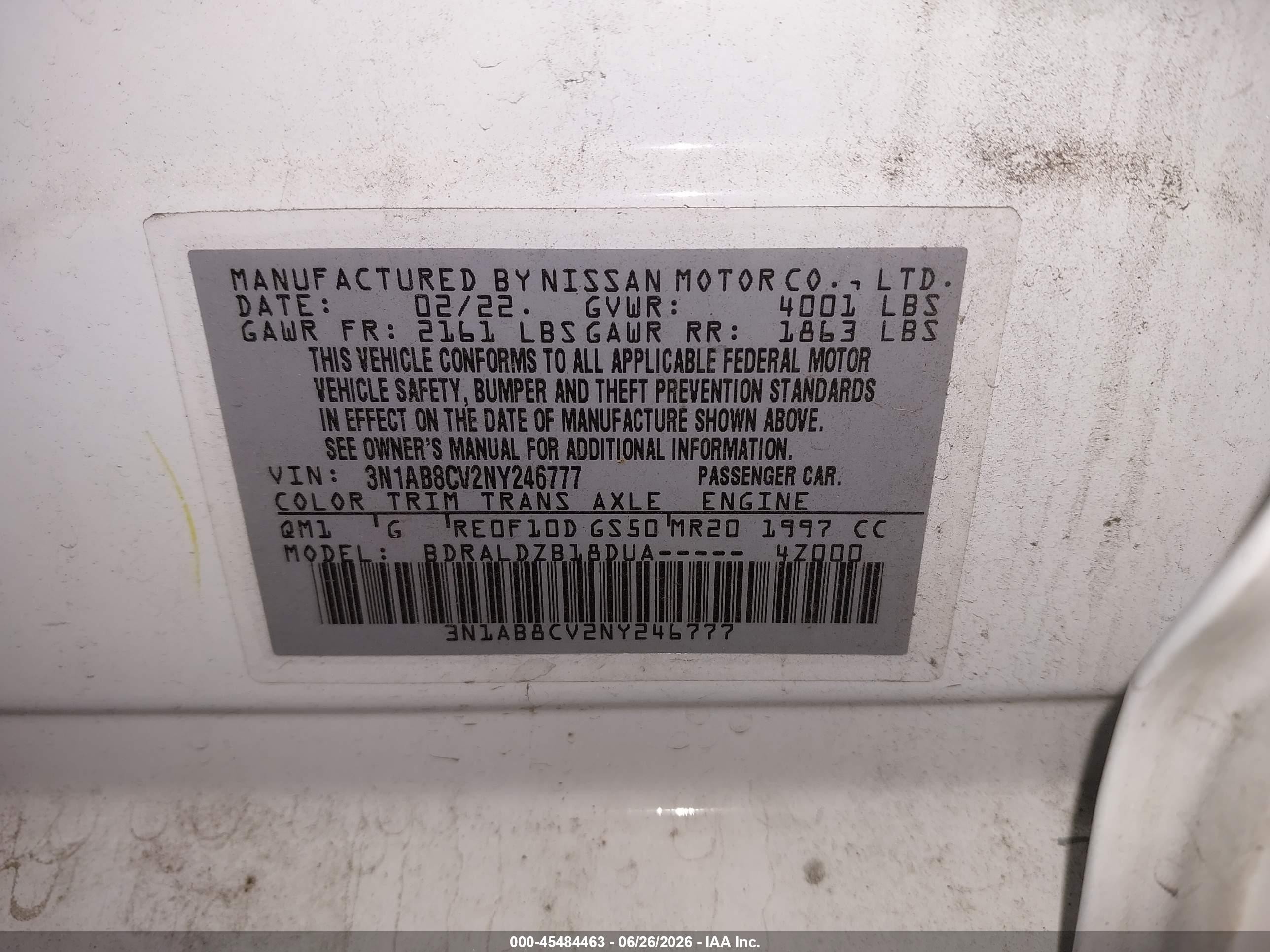 2022 Nissan Sentra VIN 3N1AB8CV2NY246777 IAAI salvage auction — Front End, Salvage (Oregon), sold $2,600 on 2026-09-05 (photo 9)