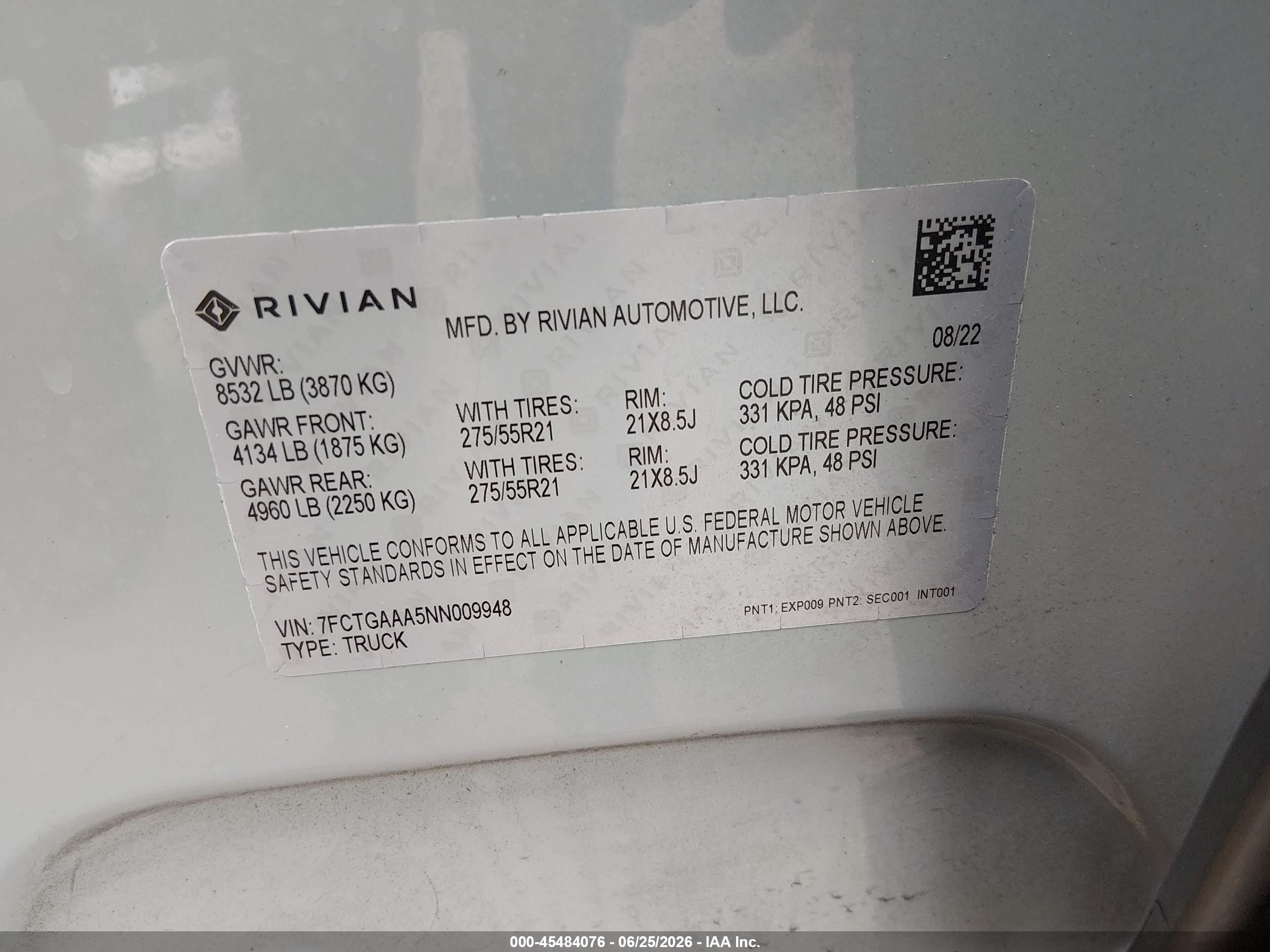 2022 Rivian R1t VIN 7FCTGAAA5NN009948 IAAI salvage auction — Unknown, Salvage (Colorado), sold $18,700 on 2026-08-27 (photo 9)