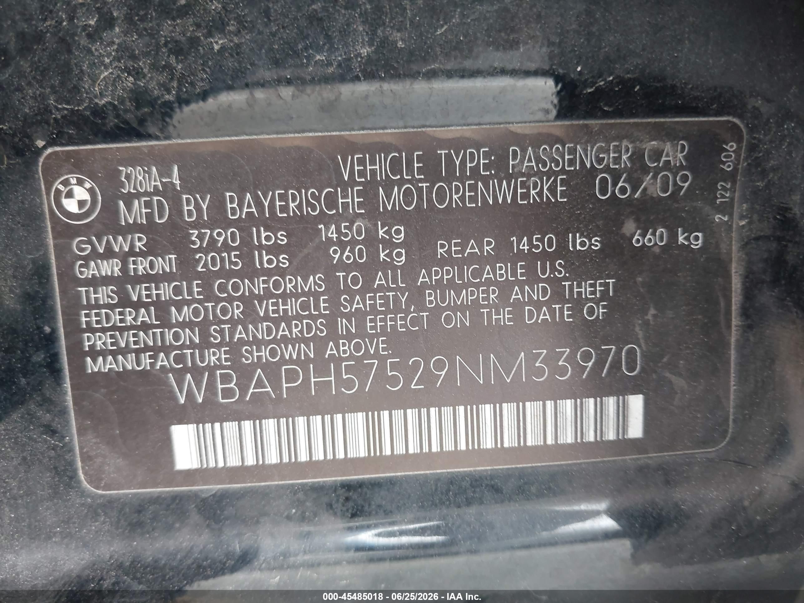 2009 BMW 3 Series VIN WBAPH57529NM33970 IAAI salvage auction — Normal Wear, Clear - Dealer Only (California), sold $600 on 2026-07-02 (photo 9)