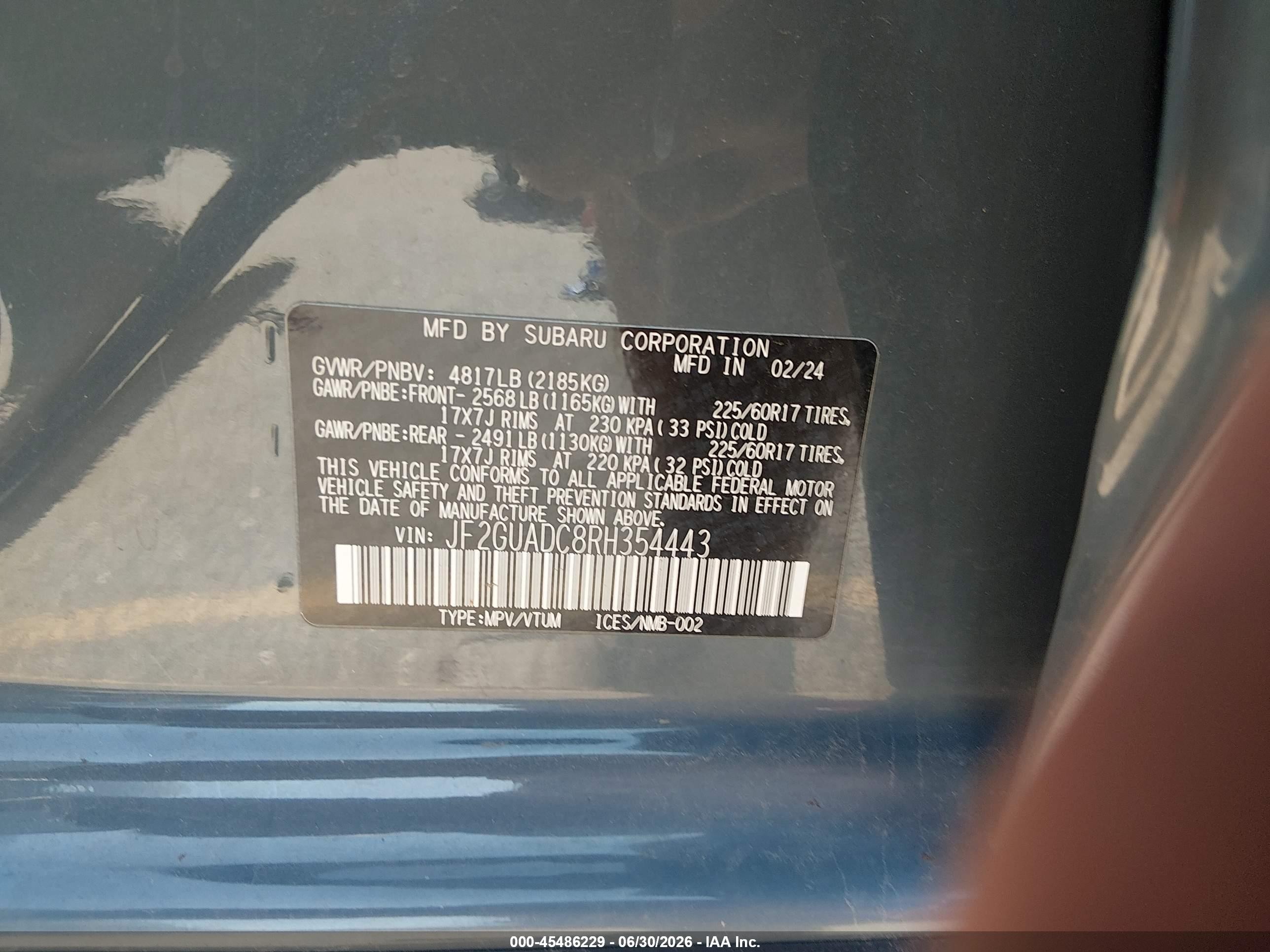 2024 Subaru Xv VIN JF2GUADC8RH354443 IAAI salvage auction — Front End, Salvage (Colorado), sold $5,200 on 2026-09-23 (photo 9)