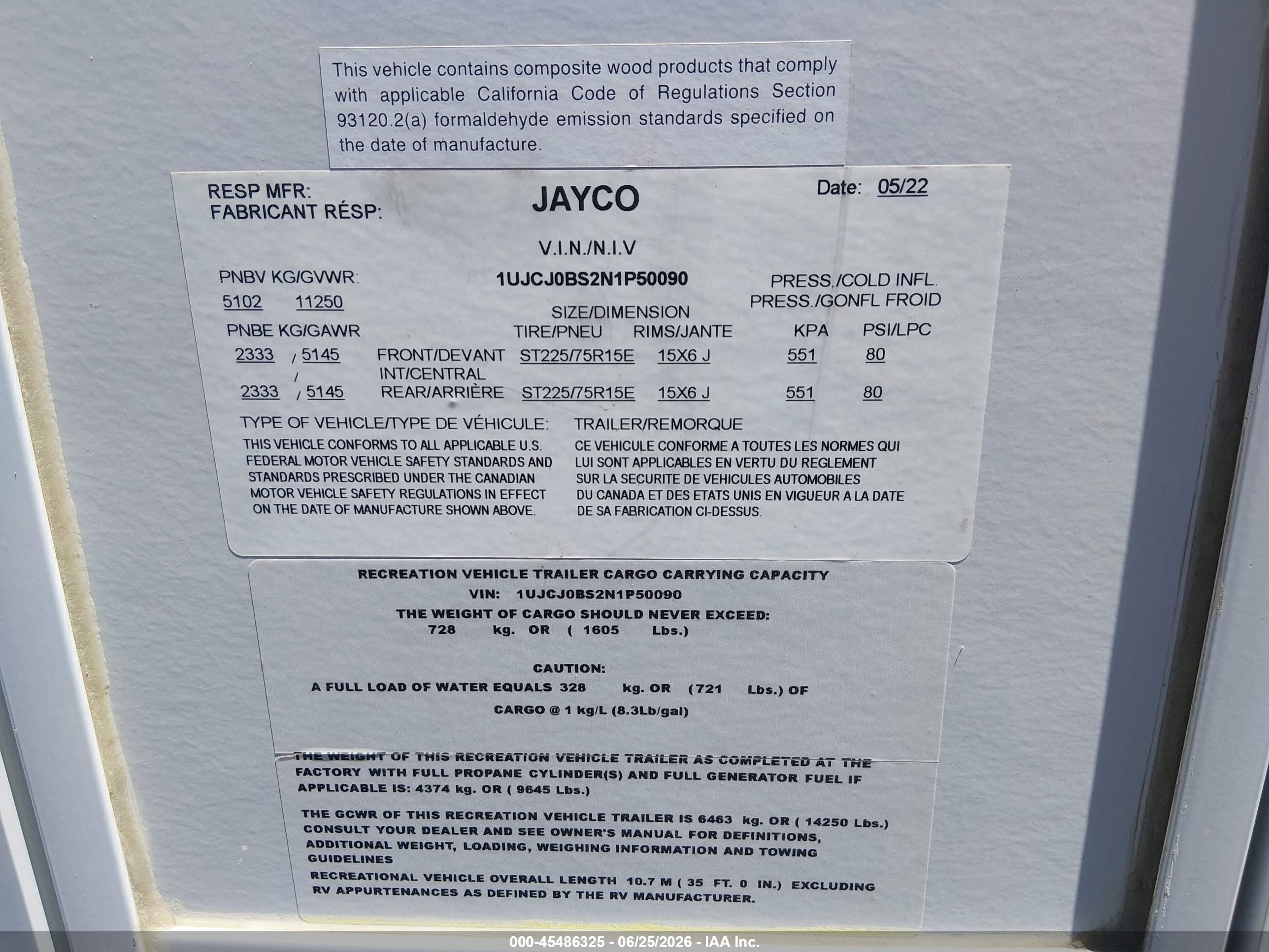 2022 Jayco Other VIN 1UJCJ0BS2N1P50090 IAAI salvage auction — Side, Salvage (California), sold $5,100 on 2026-09-16 (photo 9)
